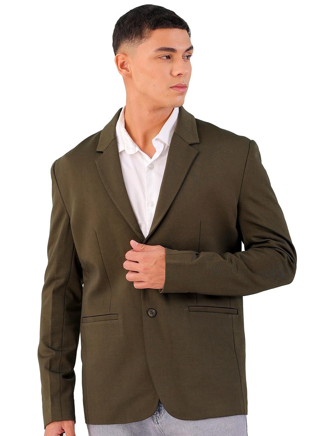 The Indian Garage Co Men Comfort Straight Fit Solid Knitted Blazer (Olive_L)