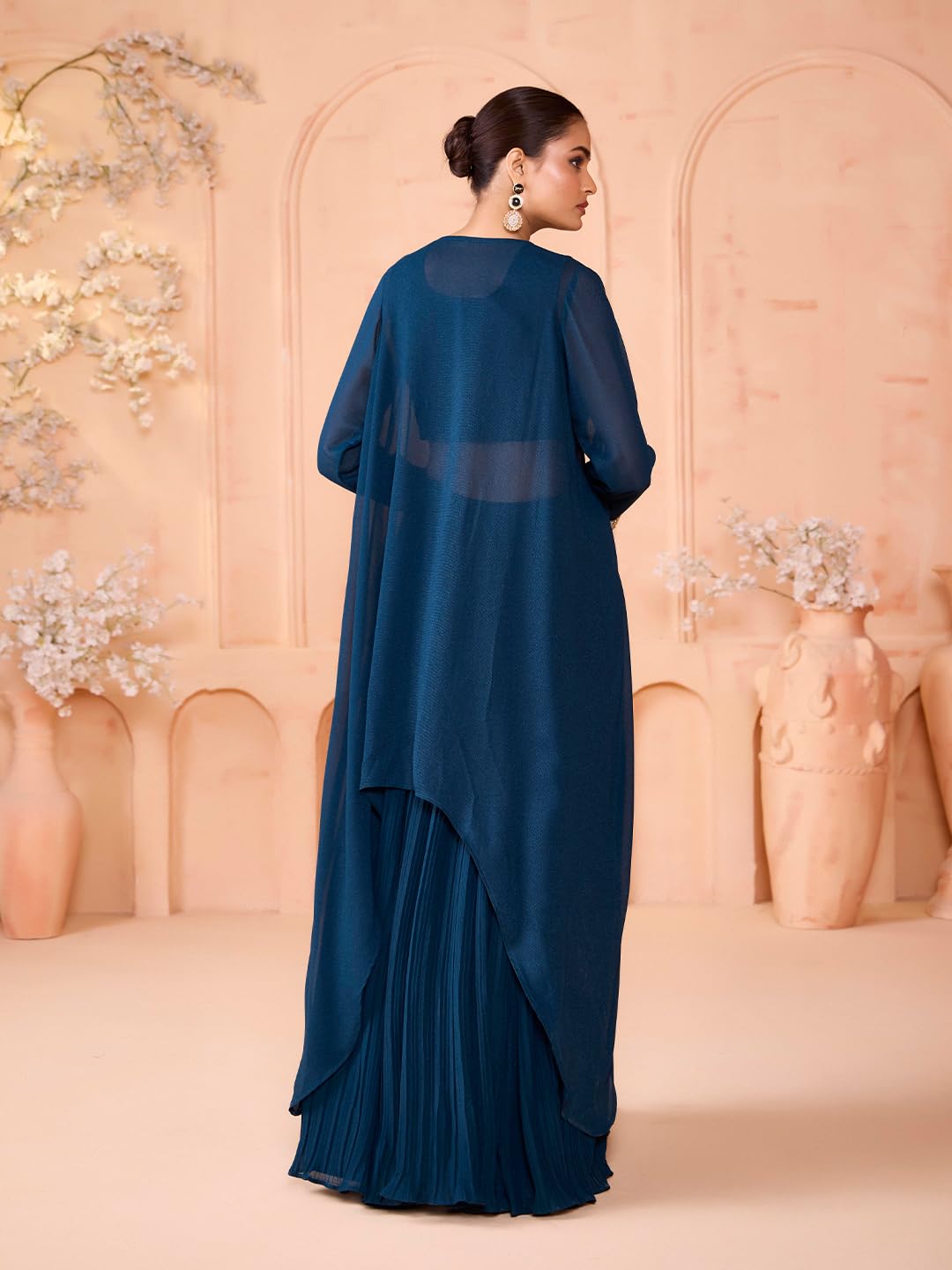 madhuram textiles Womens' Skirt and Choli with Long Jacket Set Star Georgette with Embroidery Bids Work Skirt Set(M-2523 Mor Pichh_Large) Dark Blue - Image 8