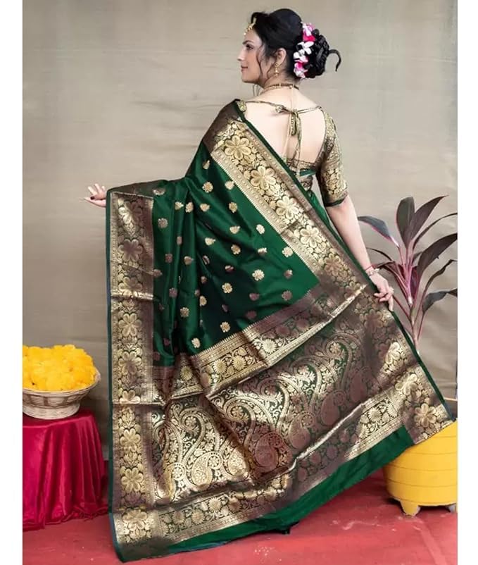 C J Enterprise Women's Banarasi Saree Pure Kanjivaram Silk Saree Soft Design Wear Pattu Sarees Latest Cotton With Blouse Piece Kanchipuram for Wedding sadi new ladies 2025 (Vruksh-51) (Dark Green) - Image 6