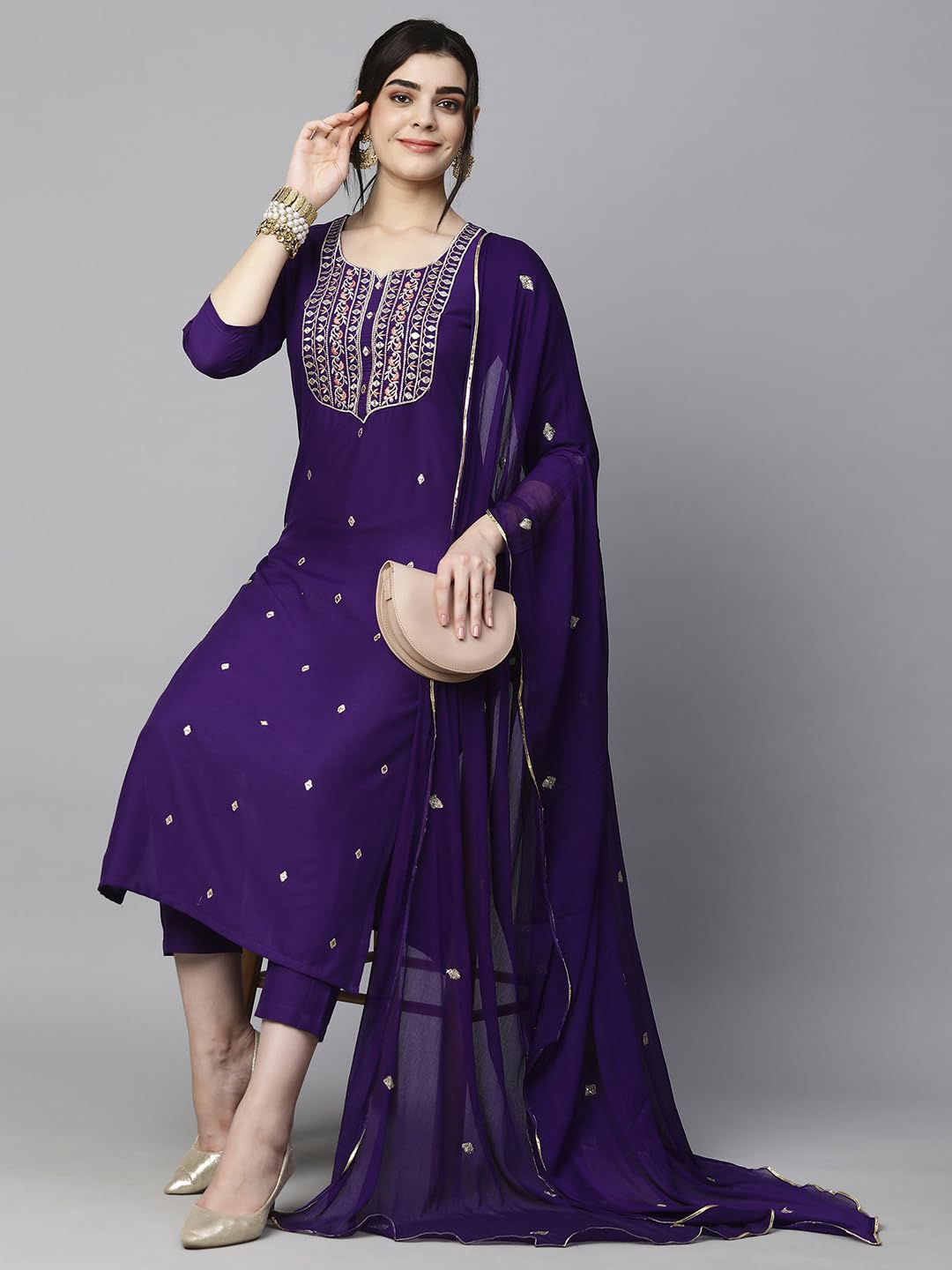 GoSriKi Women's Cotton Blend Embroidered Straight Kurta with Pant & Dupatta (Kasturi Begani-NGT-GS_M_Blue_Medium) - Image 2