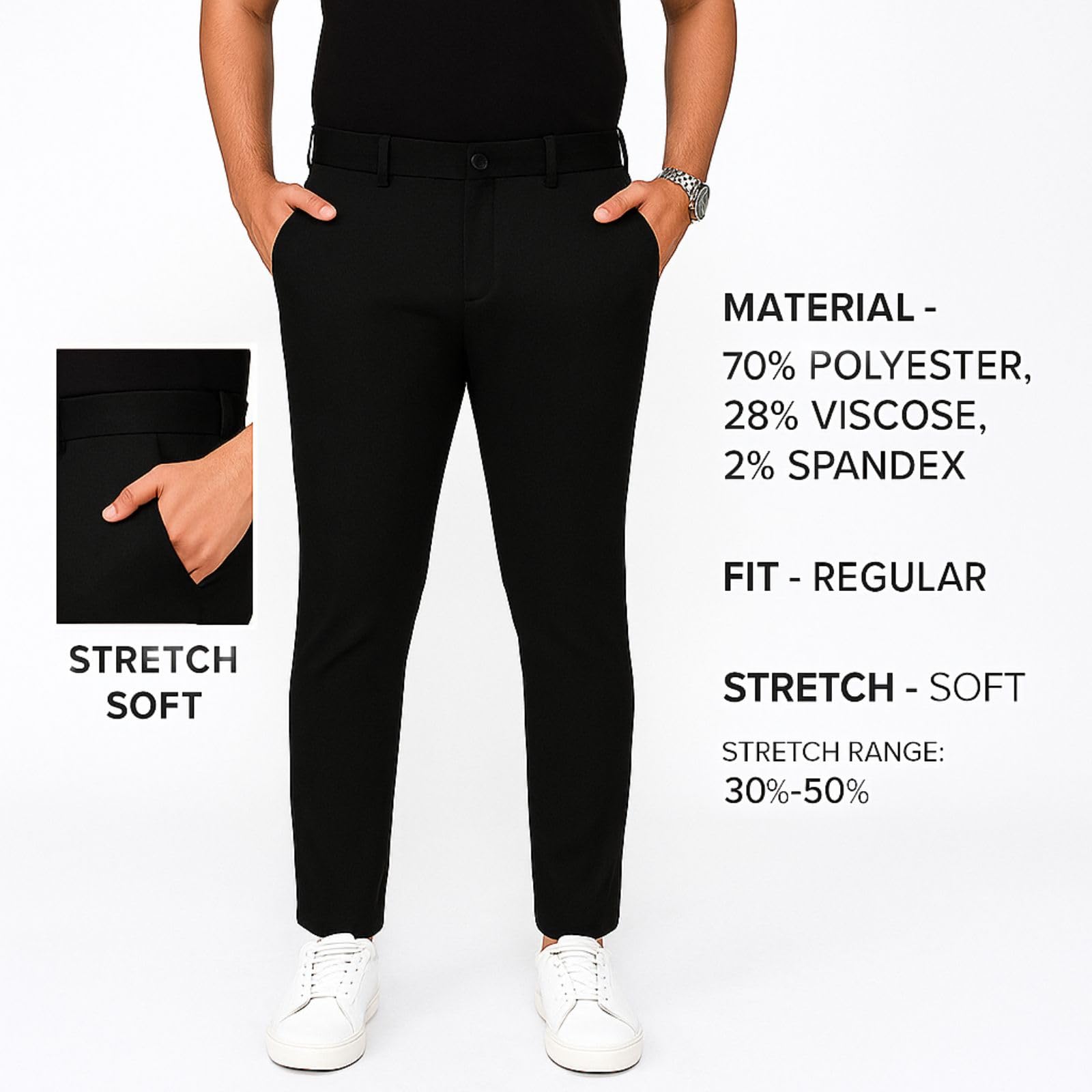 Men's Regular Fit Formal Stretchable Trousers with Expandable Waist | Skin-Friendly Lycra Solid Pant (in, Numeric, 30, Regular, Black) - Image 4