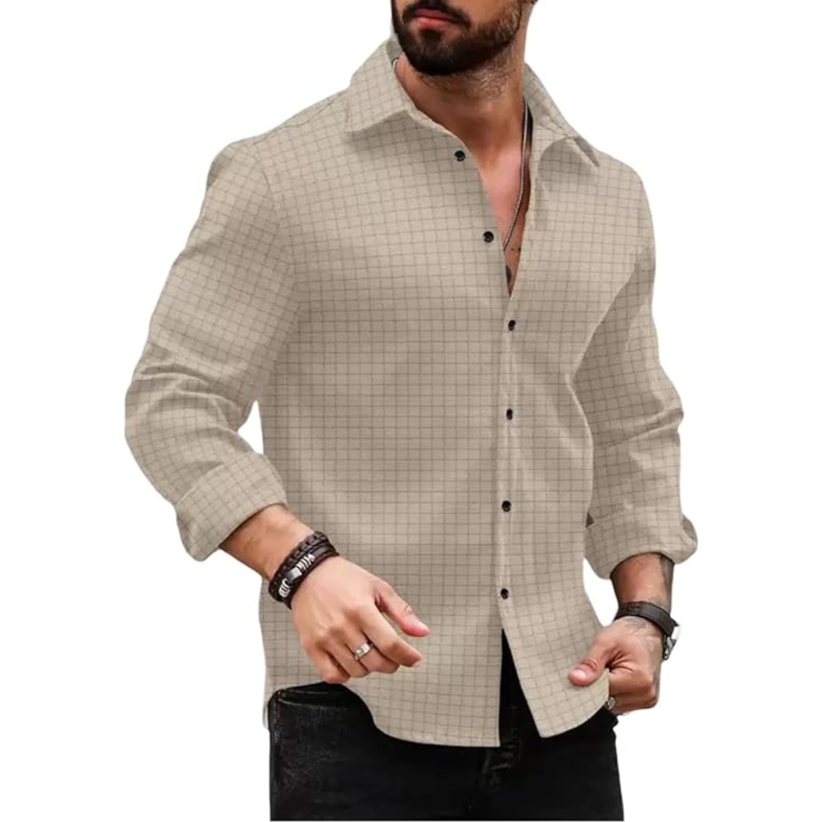 DEELMO Men's Regular Fit Checks Pattern Polyester Blend Shirt with Collared Neck Long Sleeve and Standard Length | Shirt for Man