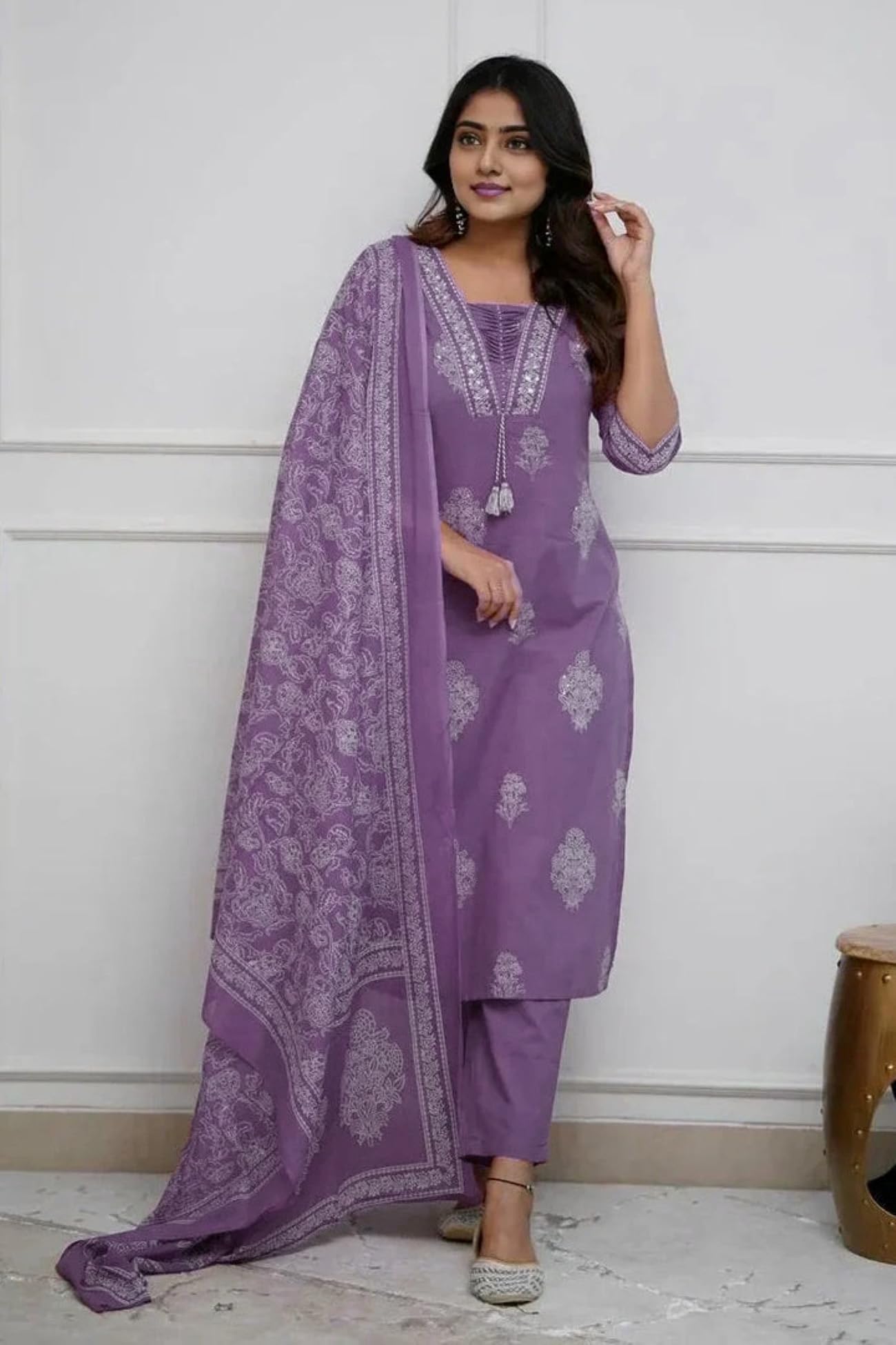 PARTHV Women's Pure Cotton Printed with Handwork Kurta with Pants and Dupatta Set, Wedding Ethnic Suit Set, P-1079, Purple, XXL - Image 5