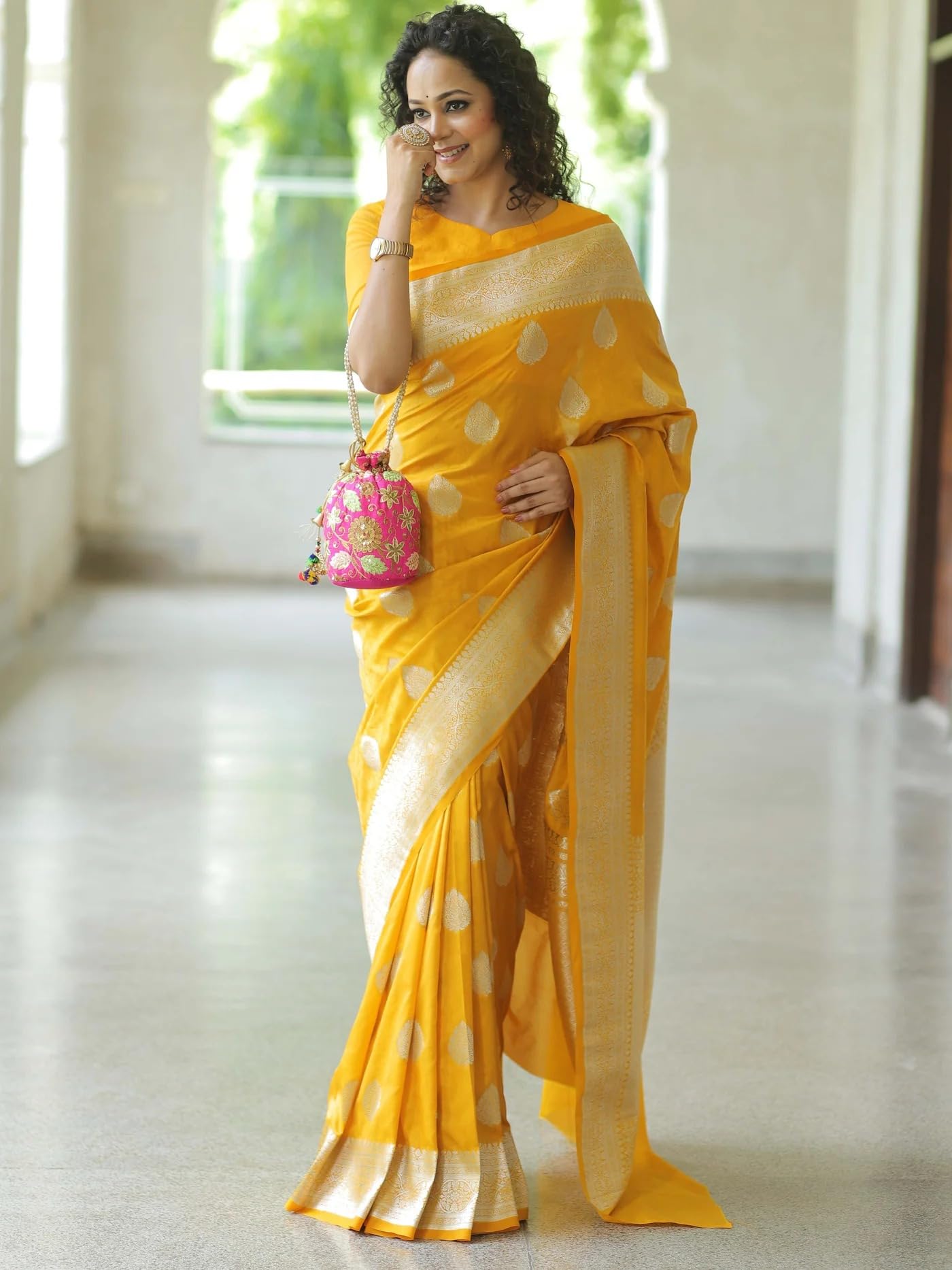 Yashika Women’s Fancy Banarasi Kanjivaram Art Silk Yellow Saree with Unstitched Blouse Piece |Wedding Saree for Women - Image 4