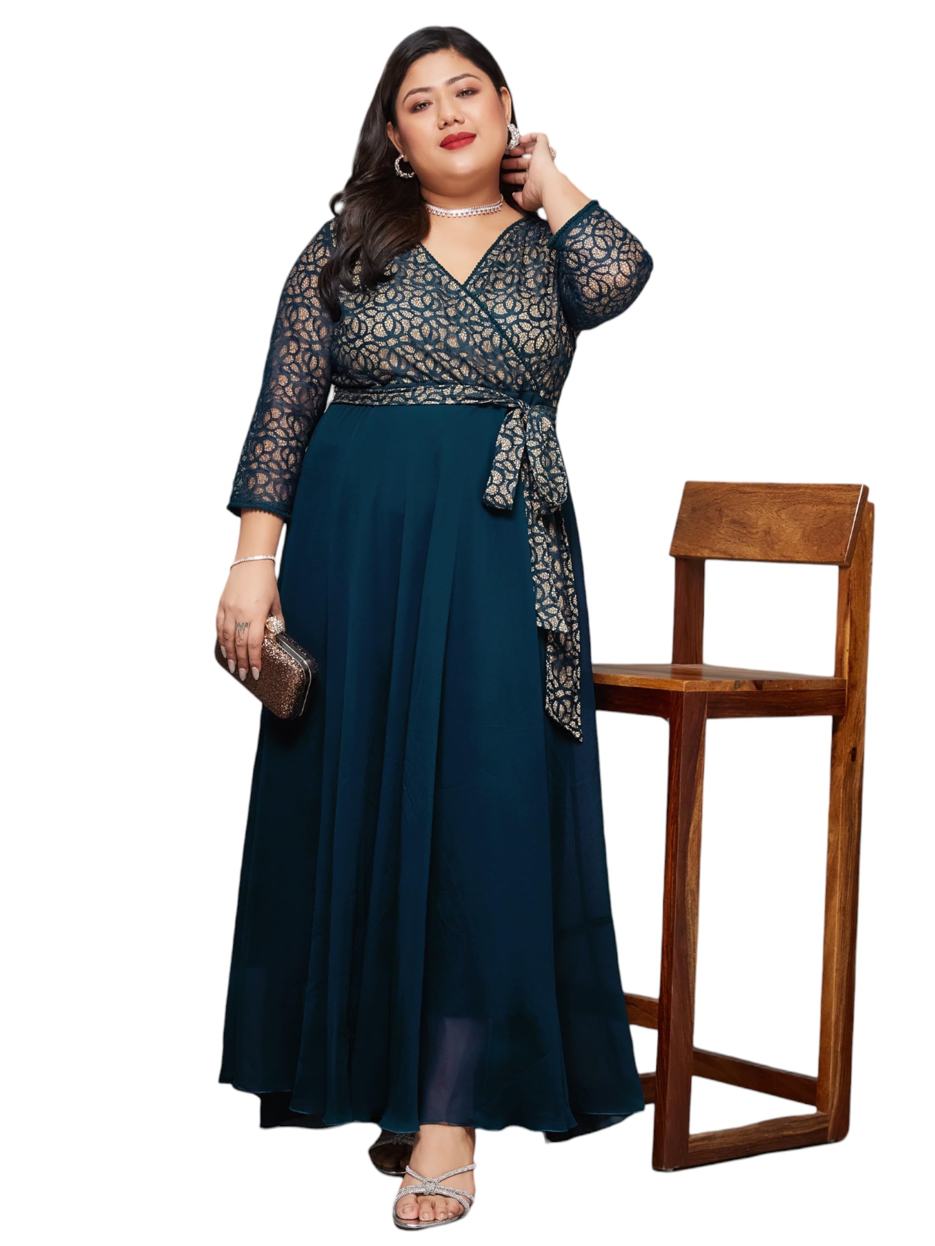 Miss Chase A+ Women's Self-Designed Relaxed Fit V-Neck 3/4th Sleeve Maxi Dress with Pockets (APSS21D14-67-83-08, Teal, 3XL)