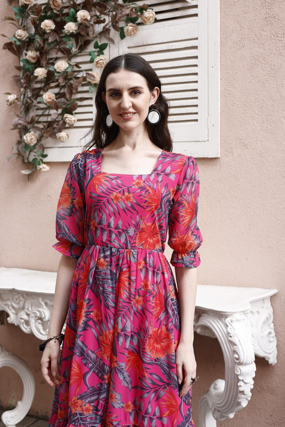 SMOWKLY Women's Georgette Floral Printed Indo-Western Ethnic Gown || Half Sleeve V Neck Fit & Flare Flared Hem Design || Casual Wear A-Line Maxi Dress Pink - Image 2