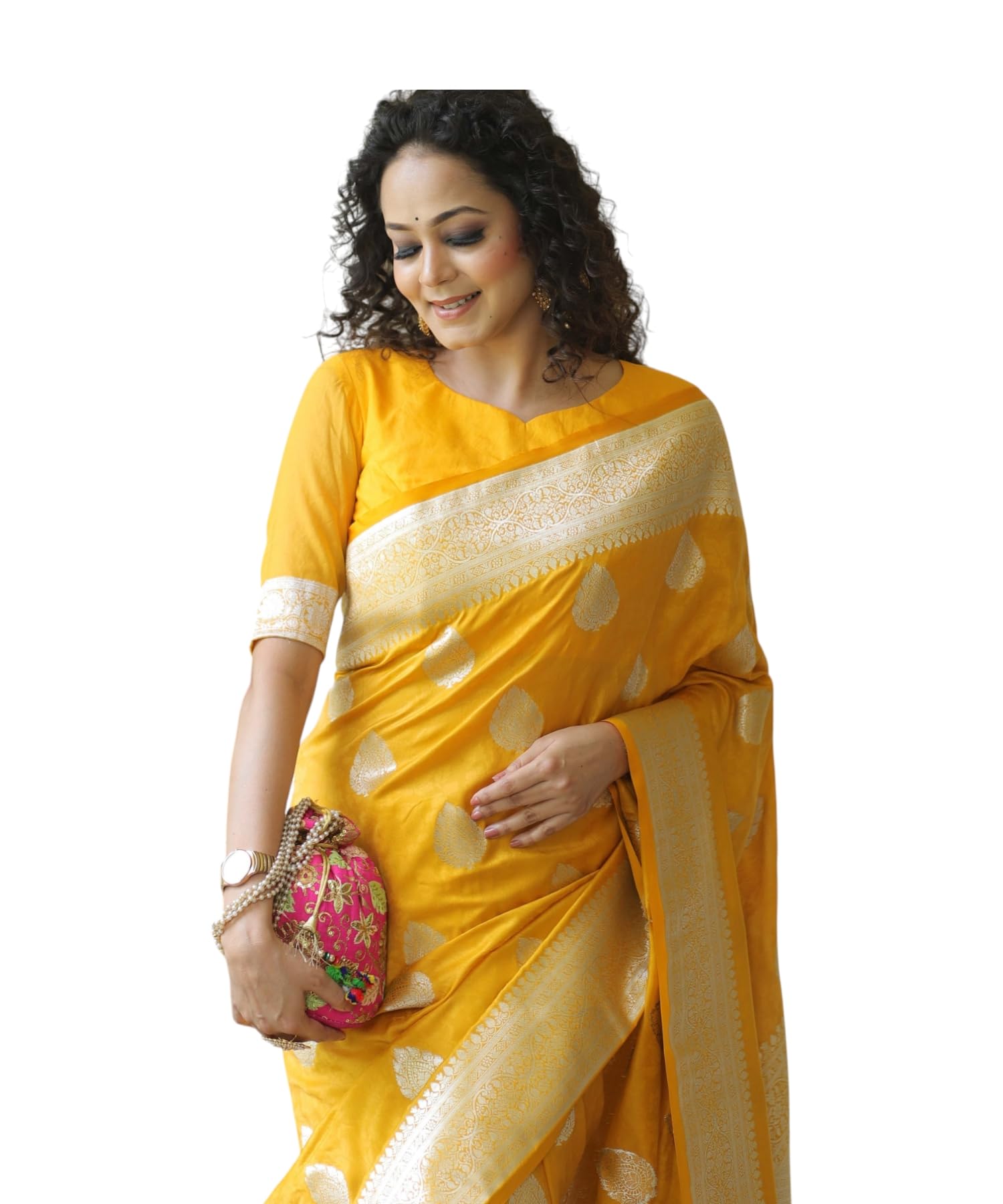 Yashika Women’s Fancy Banarasi Kanjivaram Art Silk Yellow Saree with Unstitched Blouse Piece |Wedding Saree for Women