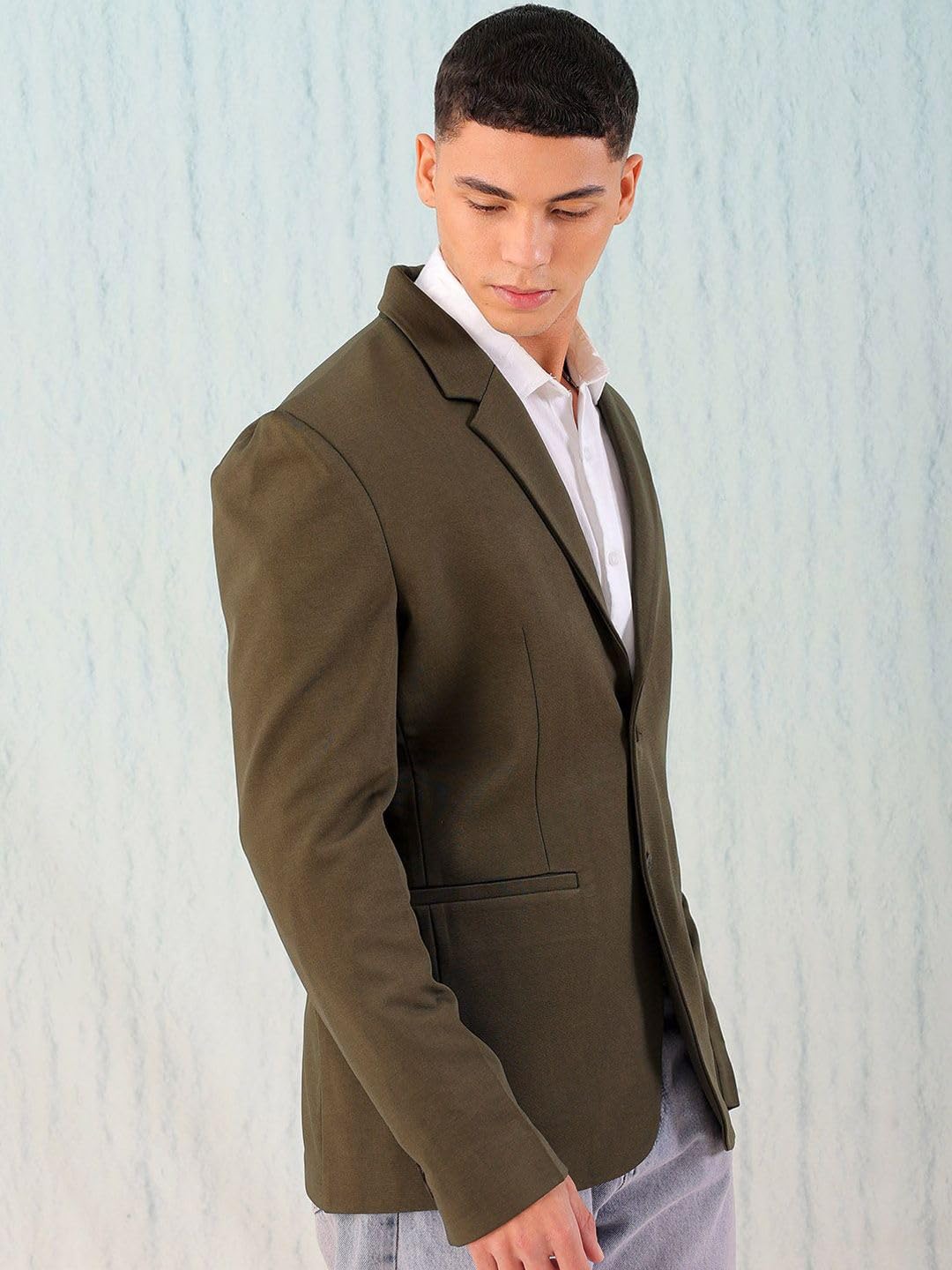 The Indian Garage Co Men Comfort Straight Fit Solid Knitted Blazer (Olive_L) - Image 5