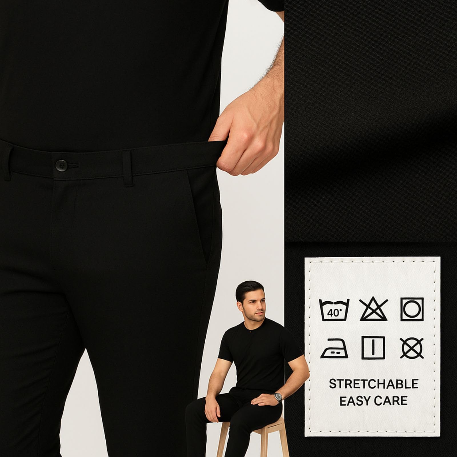 Men's Regular Fit Formal Stretchable Trousers with Expandable Waist | Skin-Friendly Lycra Solid Pant (in, Numeric, 30, Regular, Black) - Image 9