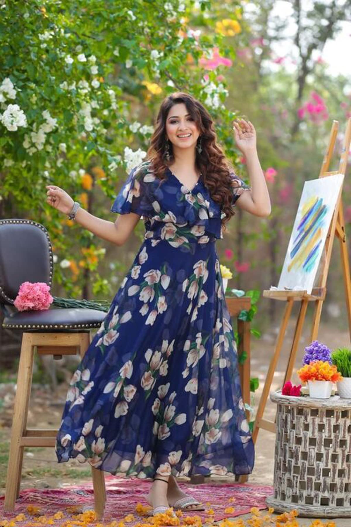 Shasmi Women's Georgette Digital Floral Printed Gown Dress for Women (Gown Dress 35) (X-Large, N Blue) - Image 5