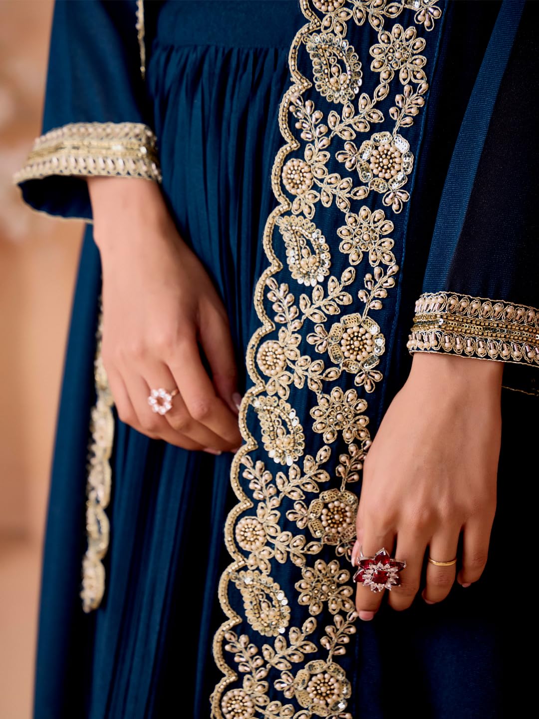madhuram textiles Womens' Skirt and Choli with Long Jacket Set Star Georgette with Embroidery Bids Work Skirt Set(M-2523 Mor Pichh_Large) Dark Blue - Image 3