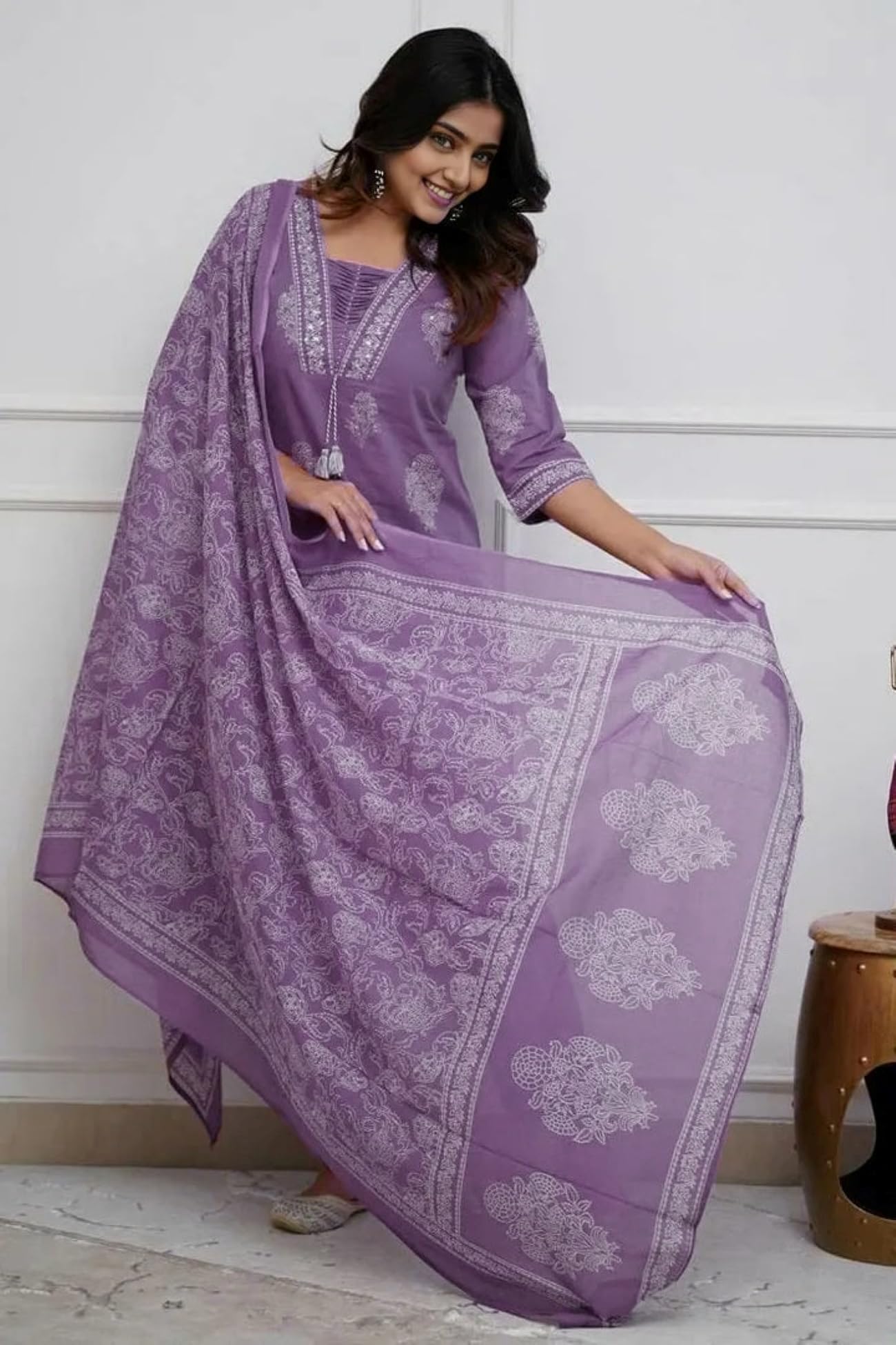 PARTHV Women's Pure Cotton Printed with Handwork Kurta with Pants and Dupatta Set, Wedding Ethnic Suit Set, P-1079, Purple, XXL - Image 7