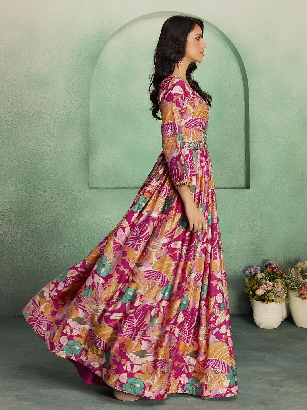 madhuram textiles Women's vetican Print with Hand Embroidery Work Anarkali Long Gown(M-2544 Pink_Small) - Image 6