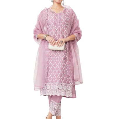 Myx Women's Embroidered Cotton Kurta Pant Set with Organza Dupatta (SS25-MYX-SUR-KS-18_Mauve_M)