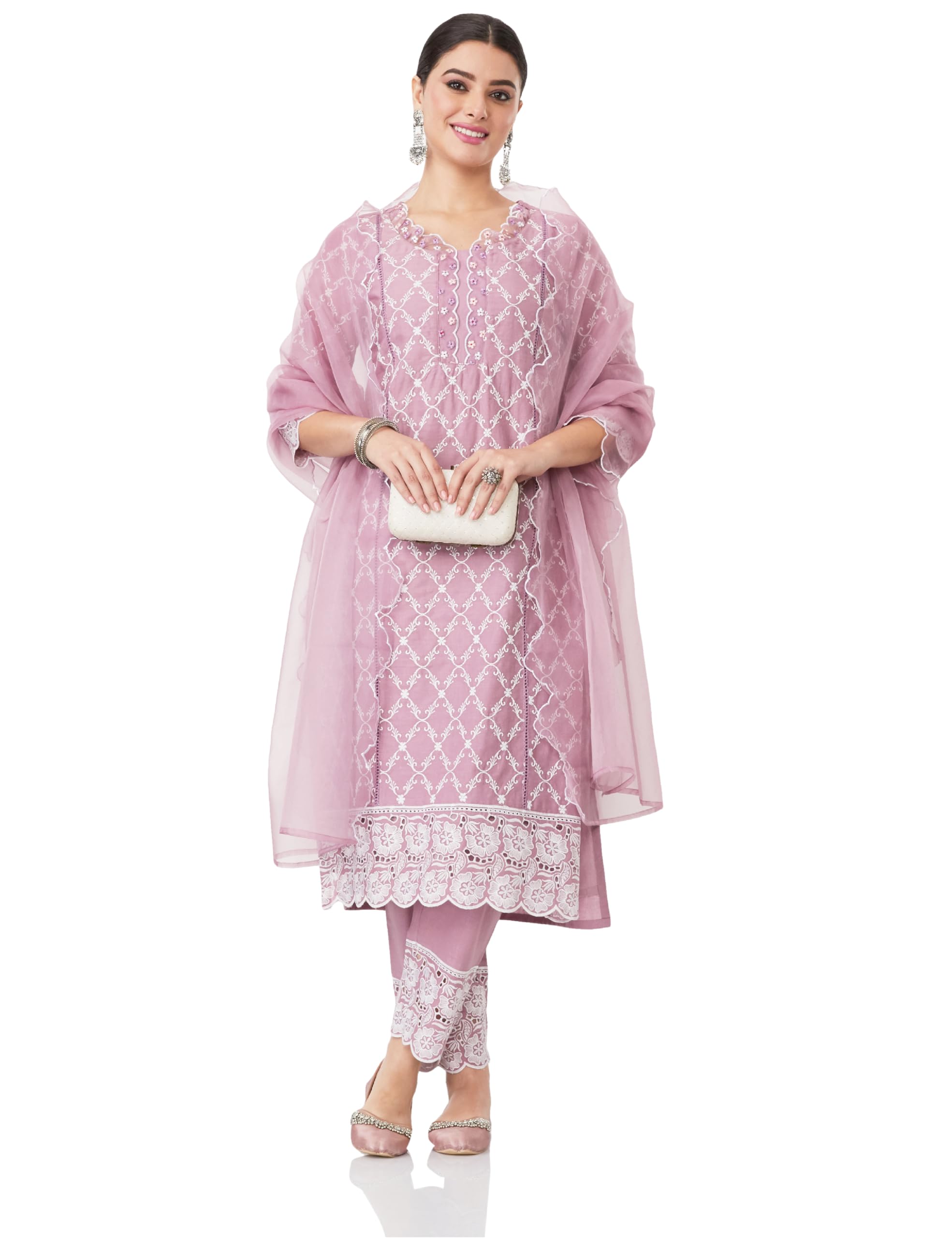 Myx Women's Embroidered Cotton Kurta Pant Set with Organza Dupatta (SS25-MYX-SUR-KS-18_Mauve_M)