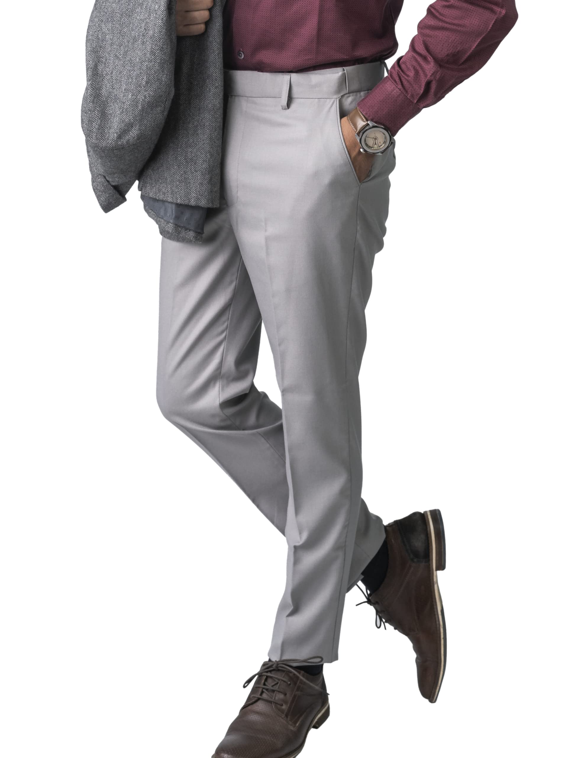 Jack and Jini Men Mid Rise Formal Pant with Expandable Waist Regular Fit, Flat Front, Premium Lycra Fabric for Office, Party and Casual Wear Light Grey, 40