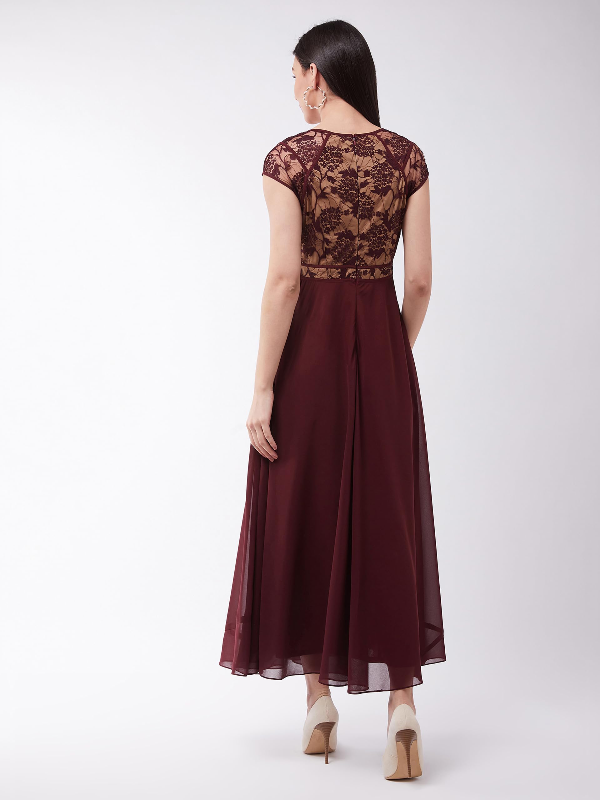 Miss Chase Women's Floral V - Neck Cap Short Sleeves Lace Overlaid Fit & Flare Paneled Maxi Dress (MCSS21D06-11-603-04,Wine & Beige,M) - Image 5