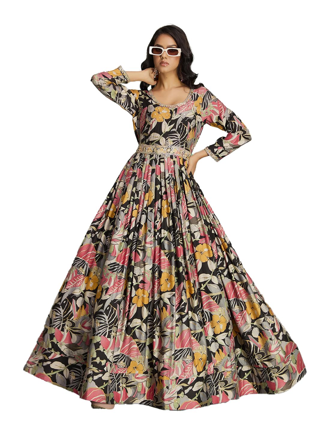 madhuram textiles Women's vetican Print with Hand Embroidery Work Anarkali Long Gown(M-2544 Black_3X-Large)
