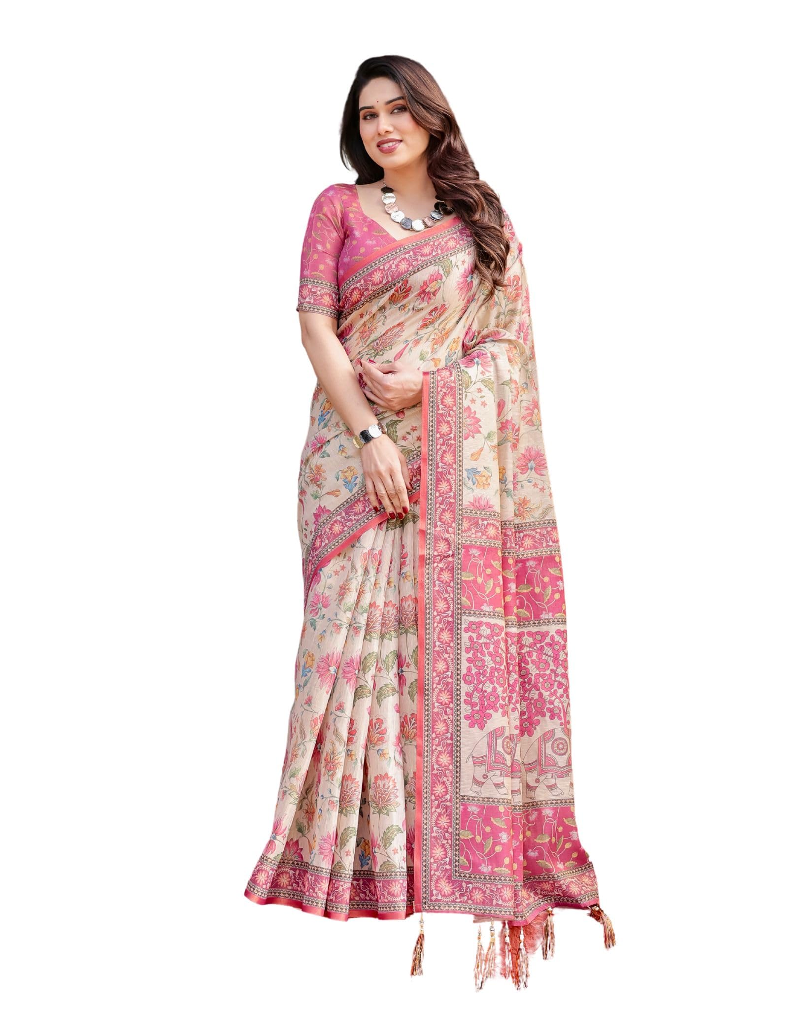 ALMAARI FASHION Traditional Cotton Silk Saree for Women with Floral Print, Pink Border, Tassels and Blouse Piece, Designer Saree, 5.5 Metres Off-White