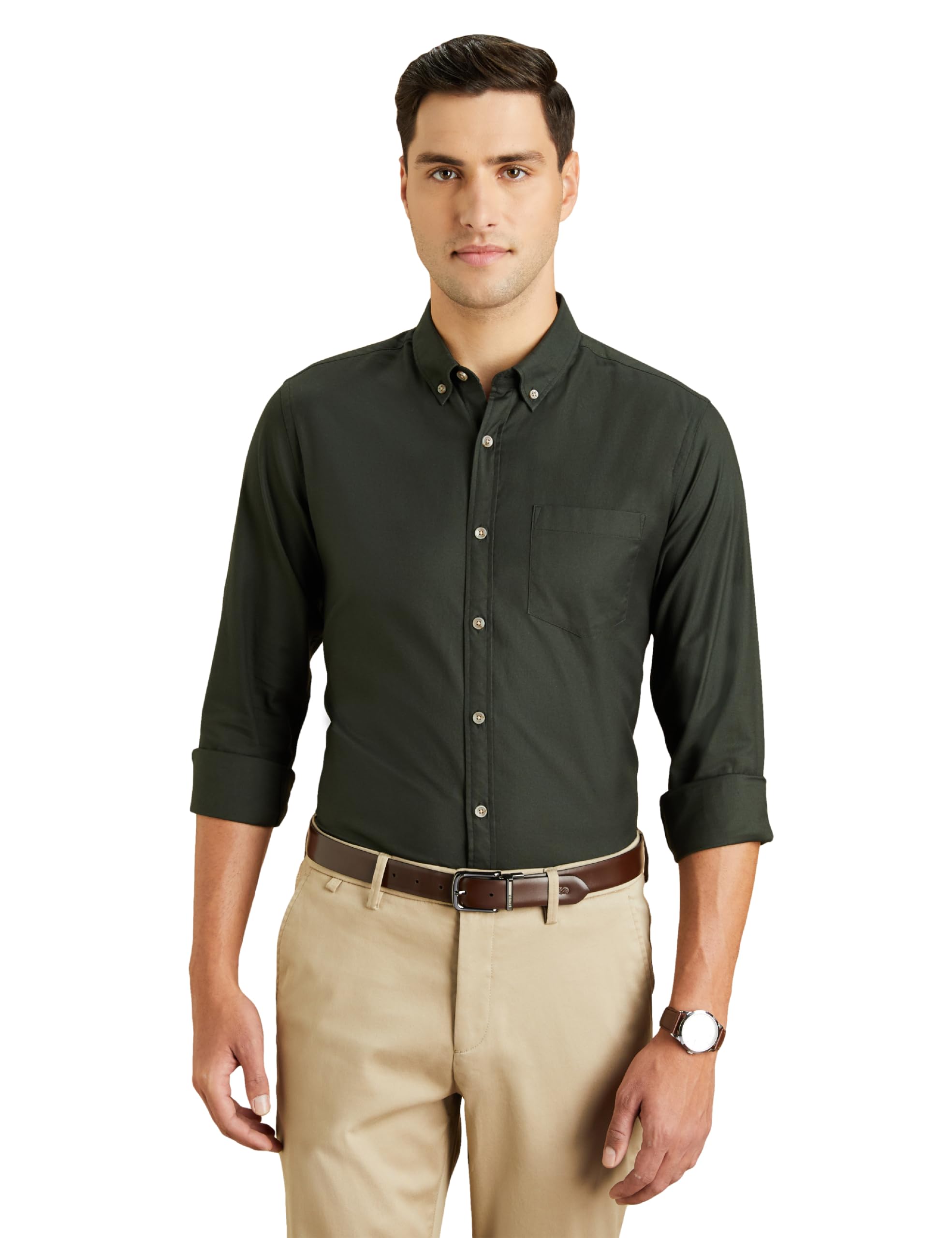 Symbol Premium Men's Stylish Solid All Day Fresh Buttondown Casual Shirt - Regular Fit | Plain | Full Sleeve | Cotton Semi Formal Wear (Available in Plus Size & Combo Pack) (Dark Green_Small)