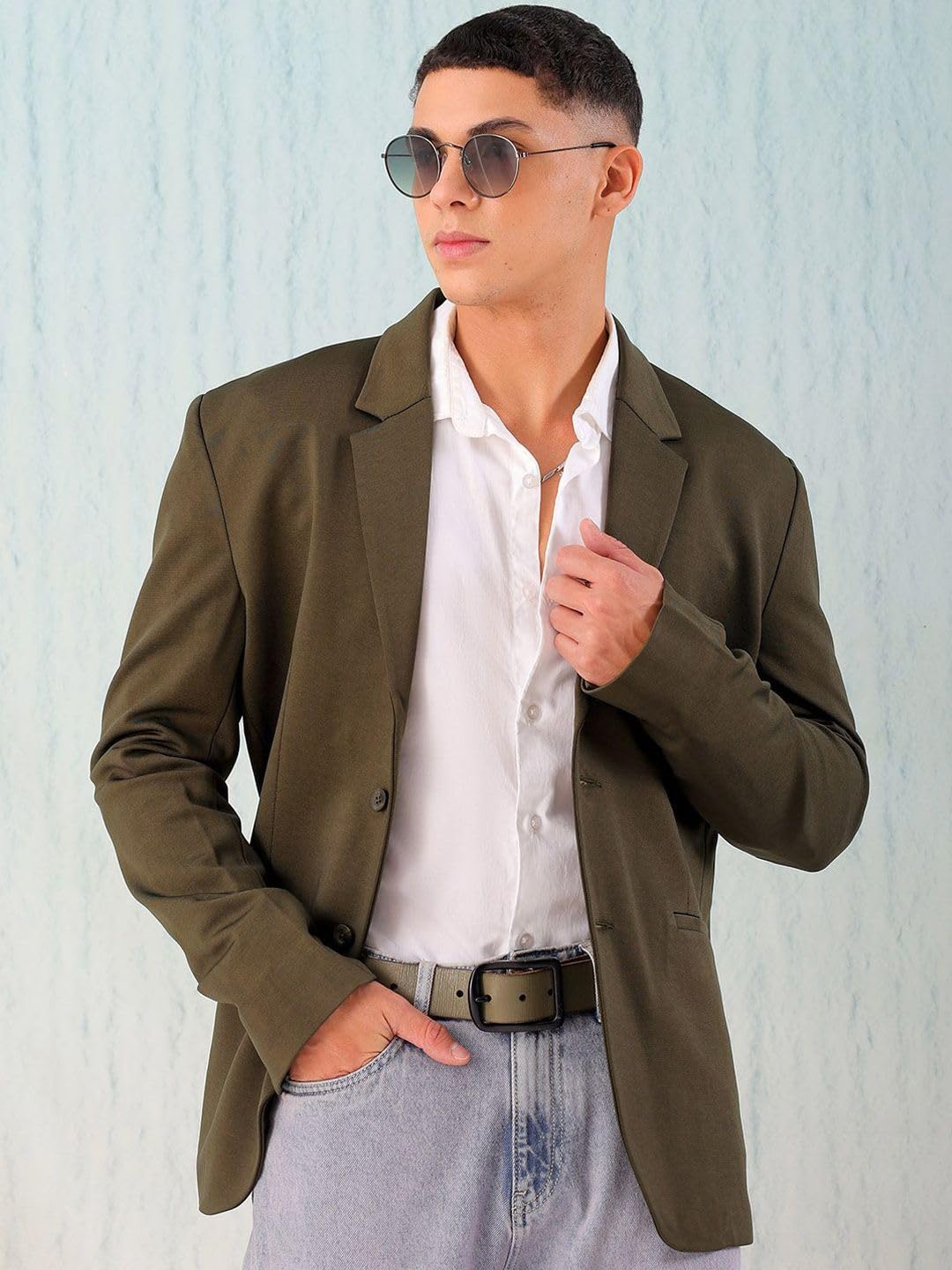 The Indian Garage Co Men Comfort Straight Fit Solid Knitted Blazer (Olive_L) - Image 7