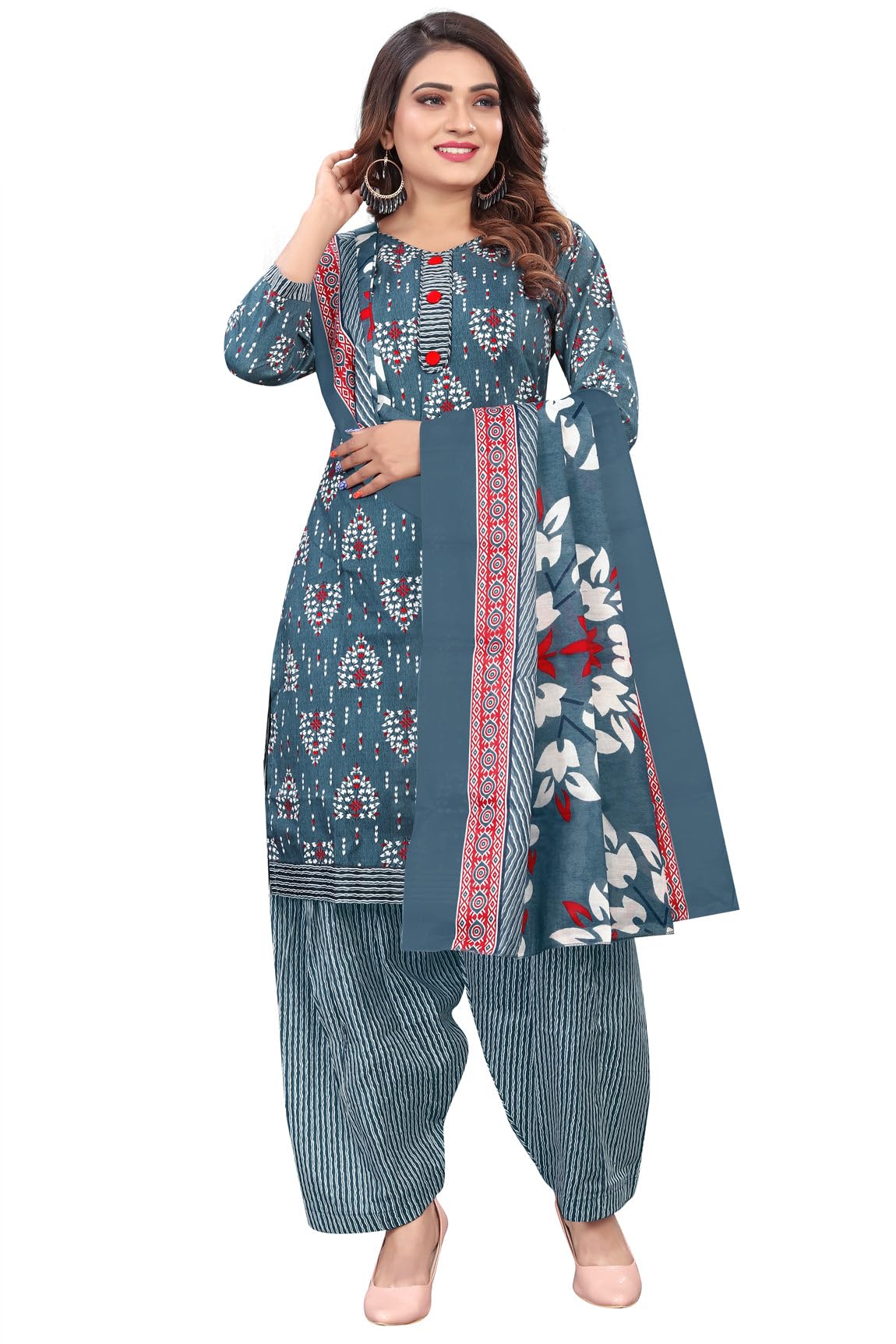 Rajnandini Grey & White Cotton Printed Readymade Patiala Salwar Suit (Ready To Wear-Vsmrw5160-X Large, Womens)