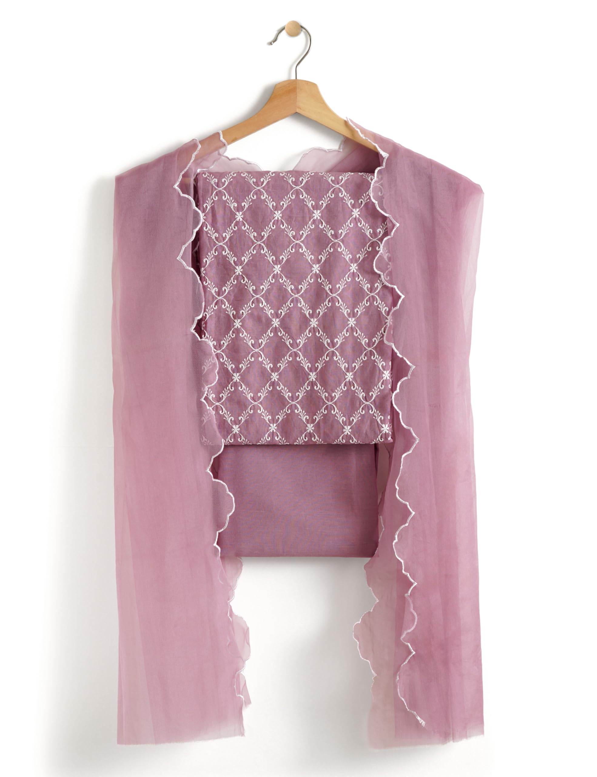 Myx Women's Embroidered Cotton Kurta Pant Set with Organza Dupatta (SS25-MYX-SUR-KS-18_Mauve_M) - Image 3
