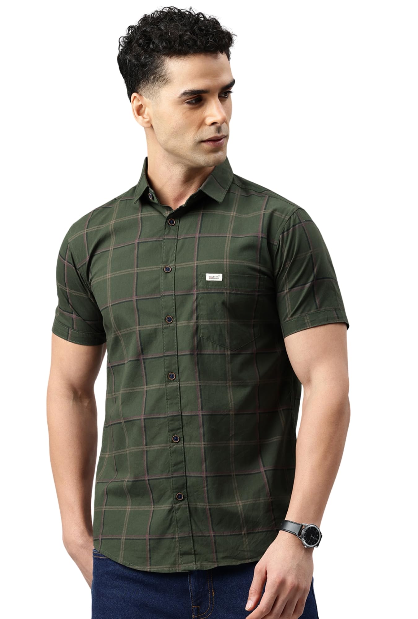 Majestic Man Men's Comfort Slim Fit Checked Pure Cotton Half Sleeve Casual Shirt (Dark Green, X-Large)