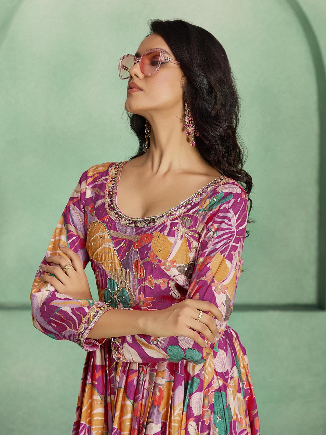madhuram textiles Women's vetican Print with Hand Embroidery Work Anarkali Long Gown(M-2544 Pink_Small) - Image 3