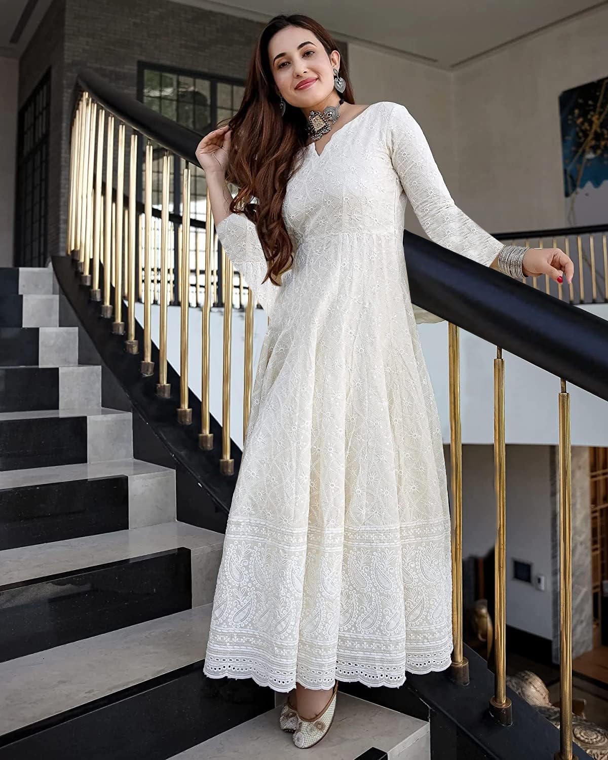 LookMark Women's Chikankari Embroidred Thread Work Long Anarkali Dress |Ankle Length Gown for Women (K1113-S) White - Image 4