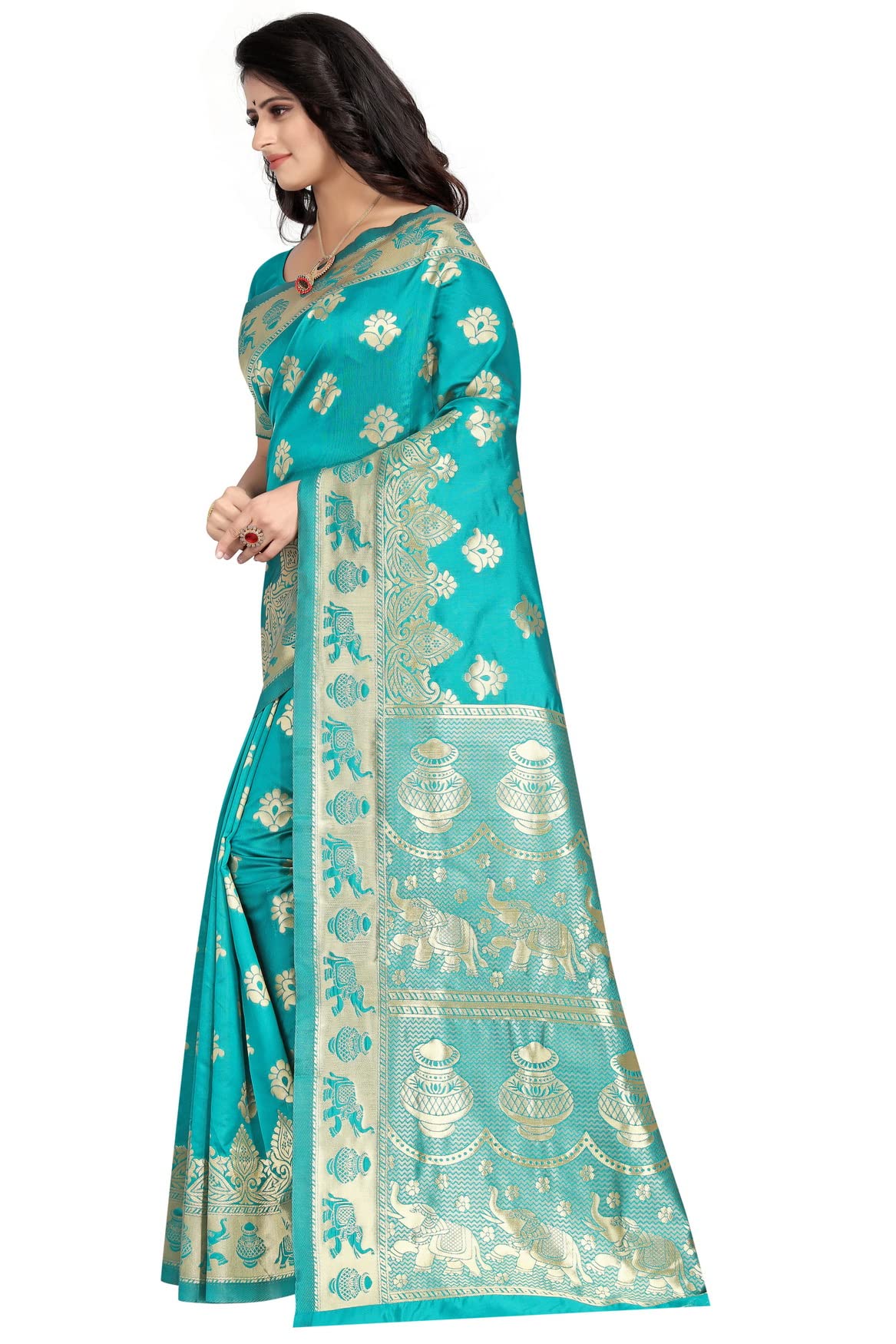 C J Enterprise Women's Pure Kanjivaram Soft Silk Saree Banarasi Design Wear Pattu Sarees Latest Party Cotton Sari collections With Blouse Piece for Wedding sadi new ladies 2025 (Pari9016-51) (Firozi) - Image 5