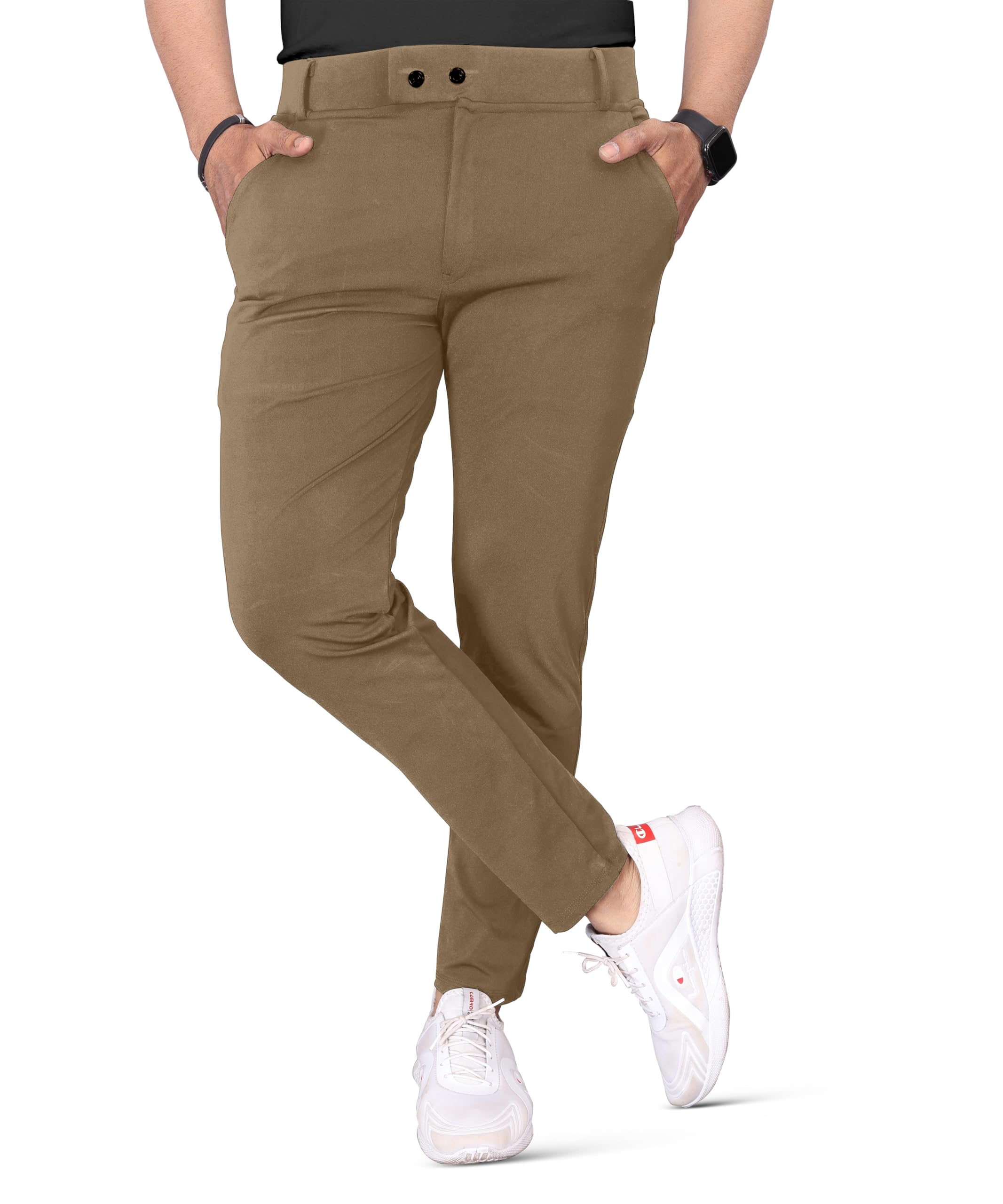 Mehrang Men's High Rise Stretchable Formal Pant Trousers | Stylish Slim Fit Wear Trousers For Office Or Party | Polycotton Knitted Fabric (Numeric, 36, Khaki)