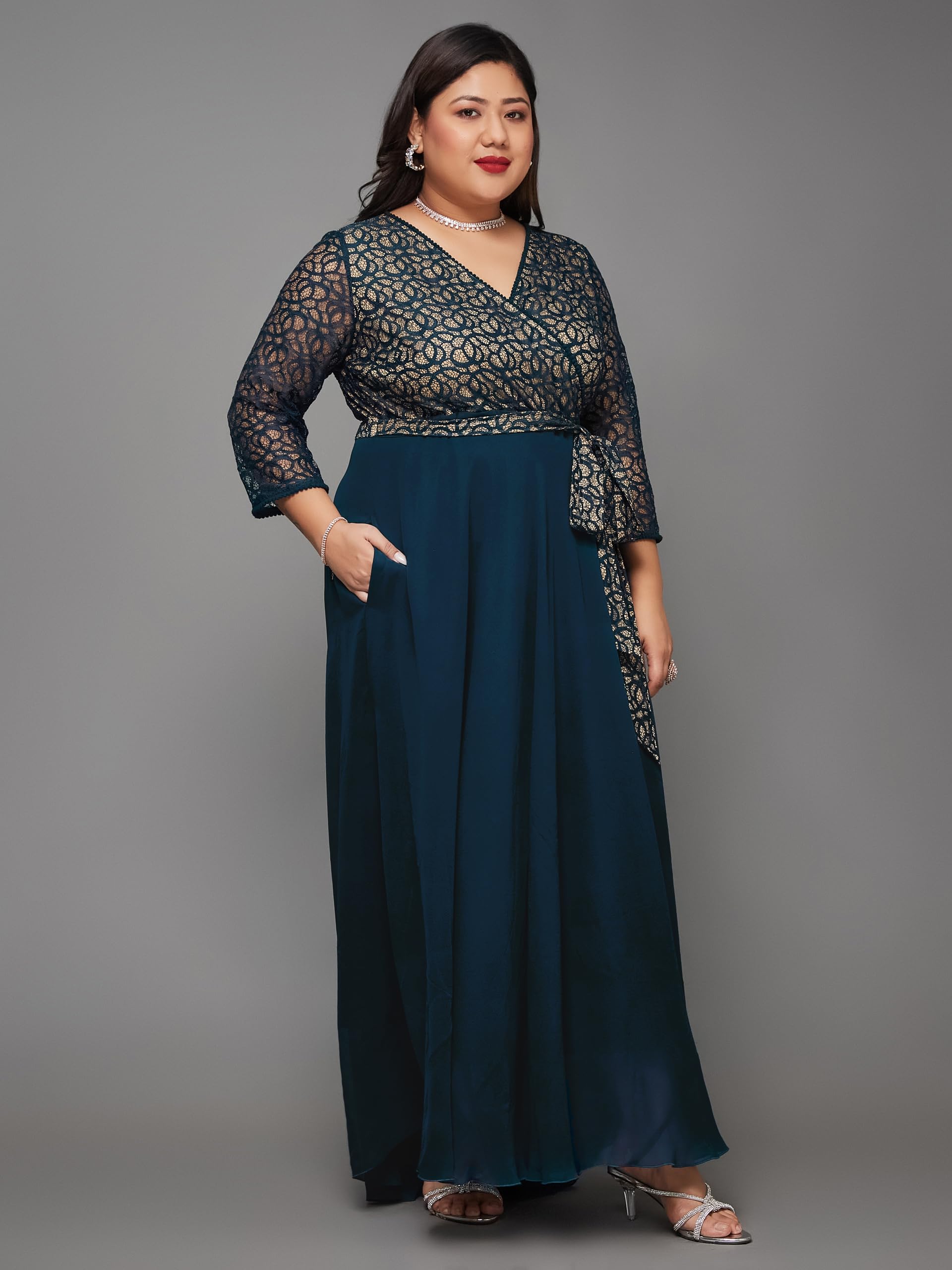 Miss Chase A+ Women's Self-Designed Relaxed Fit V-Neck 3/4th Sleeve Maxi Dress with Pockets (APSS21D14-67-83-08, Teal, 3XL) - Image 6