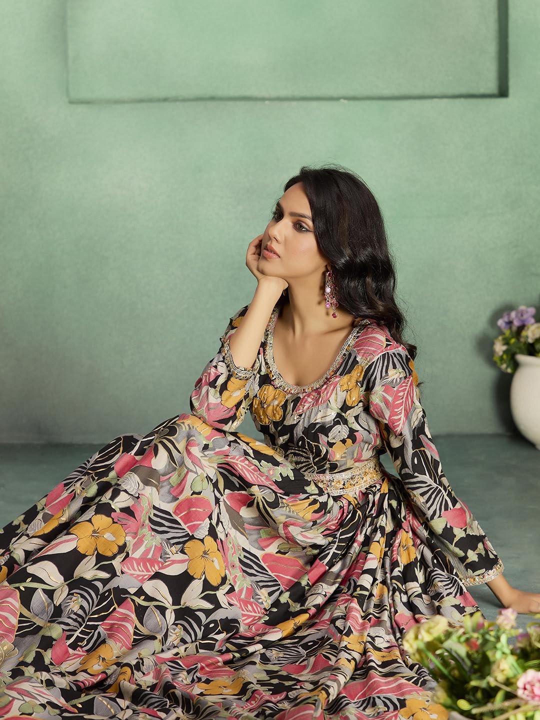 madhuram textiles Women's vetican Print with Hand Embroidery Work Anarkali Long Gown(M-2544 Black_3X-Large) - Image 3