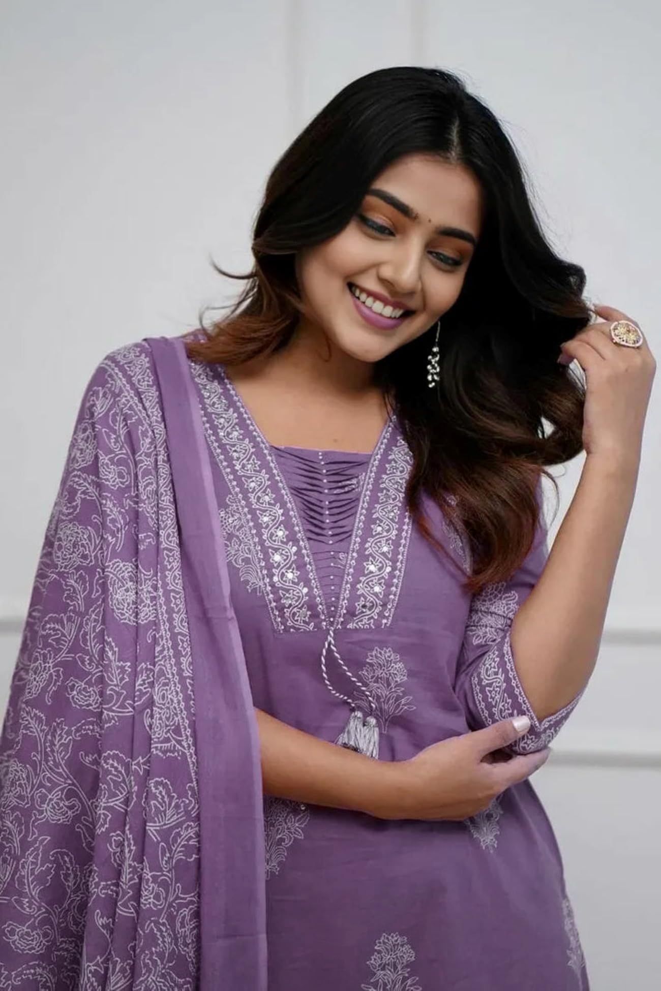 PARTHV Women's Pure Cotton Printed with Handwork Kurta with Pants and Dupatta Set, Wedding Ethnic Suit Set, P-1079, Purple, XXL - Image 4