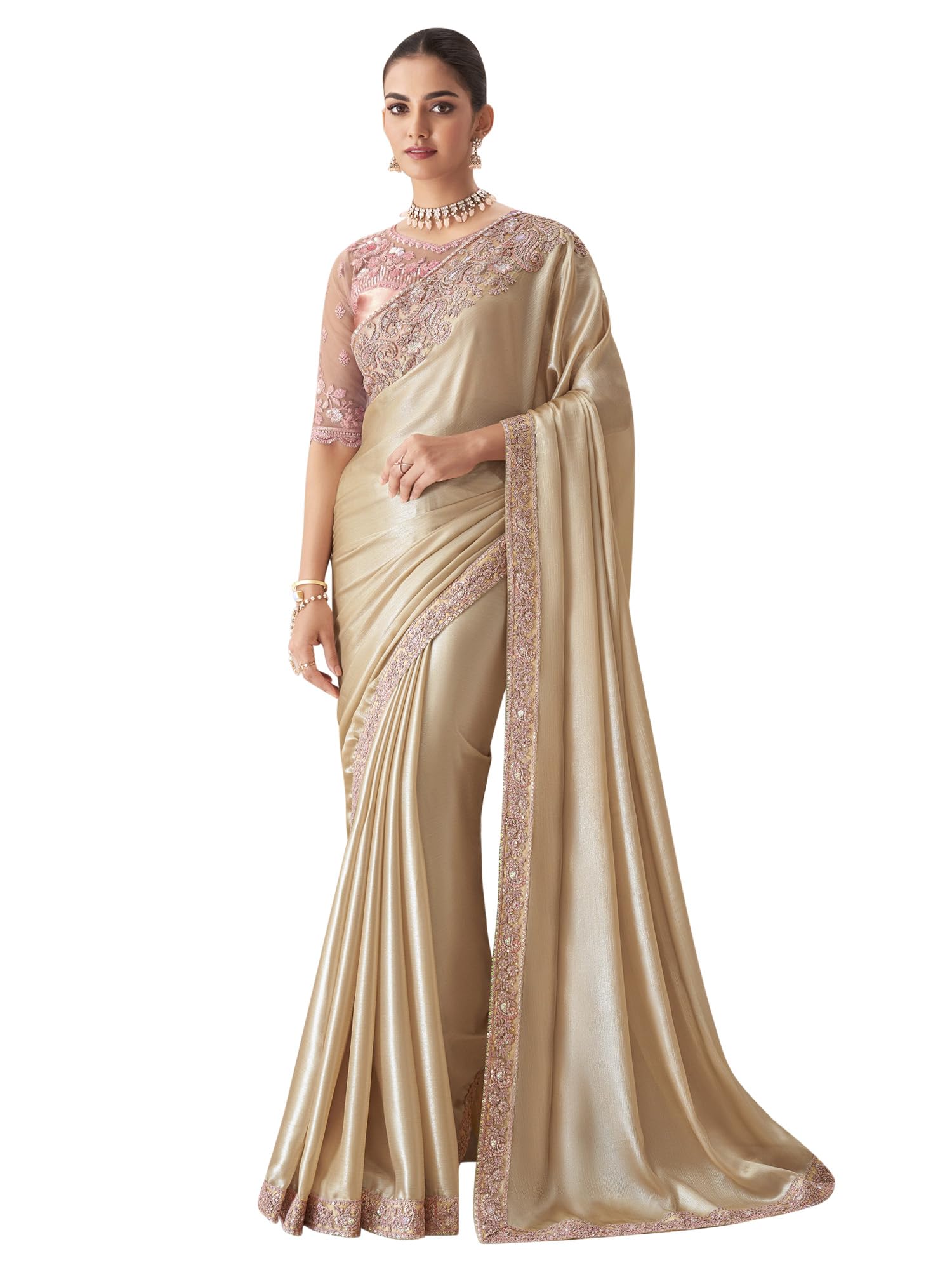 AKHILAM Women's Cream Pure Chiffon Embellished Saree With Unstitched Blouse (SNDLWOD1303_TFH)