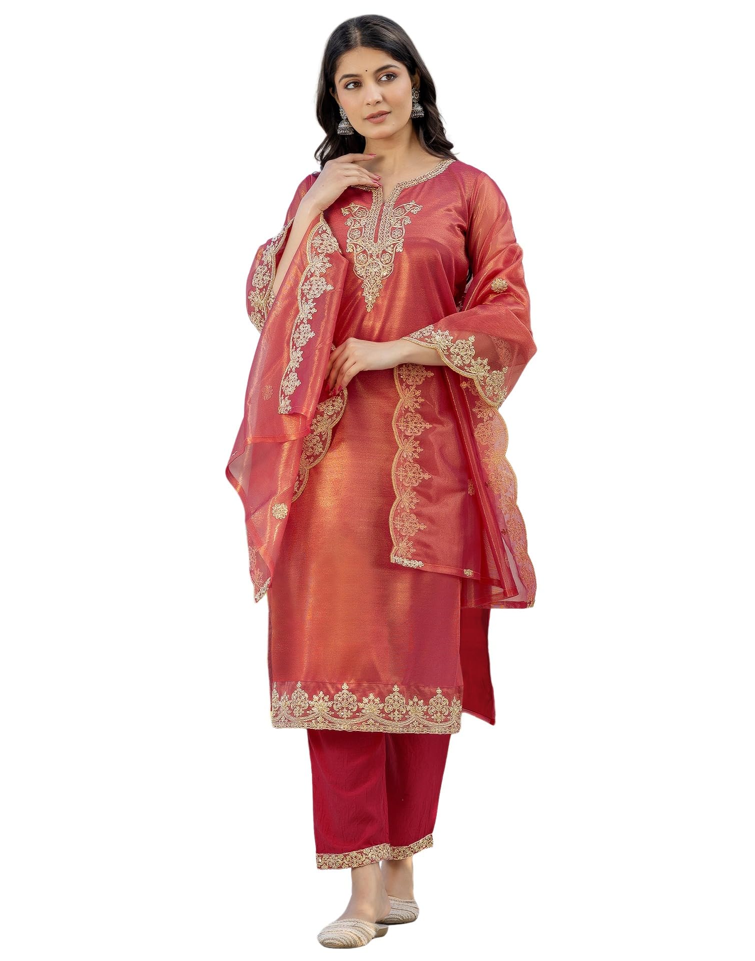 SKYLEE Women's Net Sequins, Embroidery and Gota Lace Straight Kurta with Pant & Dupatta (227KBD2403C-L_Rani Pink)