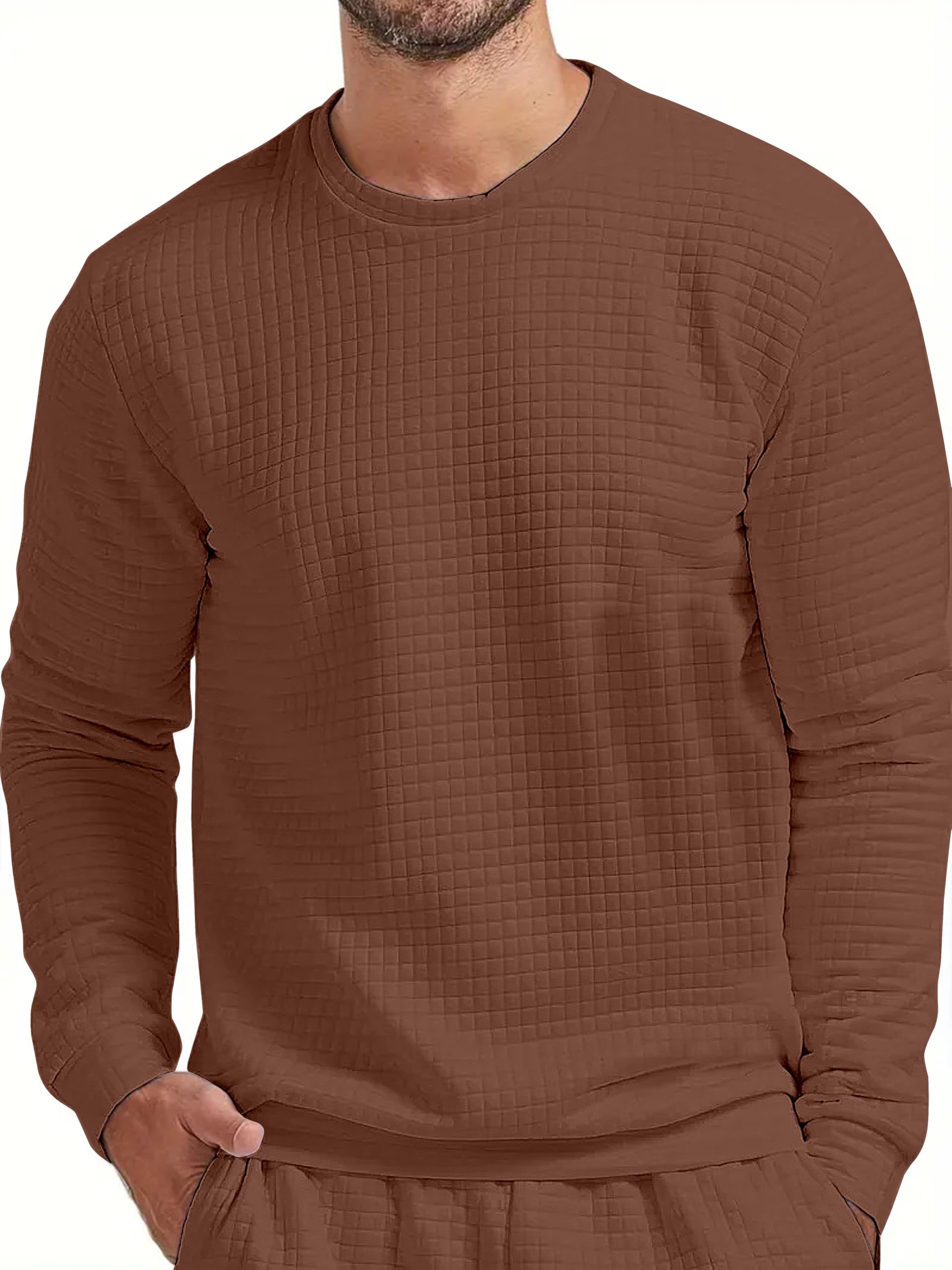 KAJARU Quilted Pattern Long Sleeve Sweatshirt, Round Neck, Men's Casual Pullover, Grey, Black, Beige (in, Alpha, L, Coffee) - Image 2