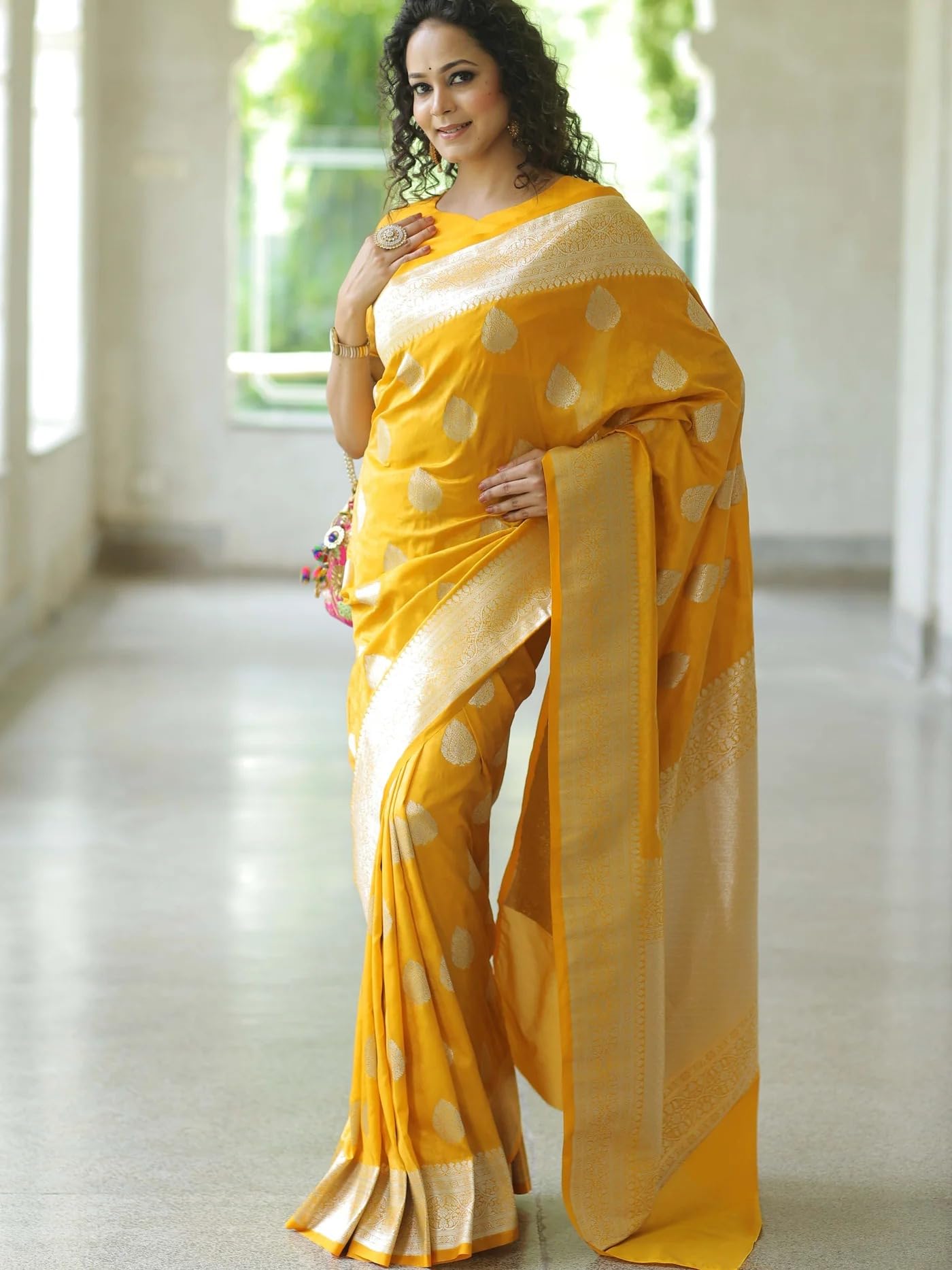 Yashika Women’s Fancy Banarasi Kanjivaram Art Silk Yellow Saree with Unstitched Blouse Piece |Wedding Saree for Women - Image 3