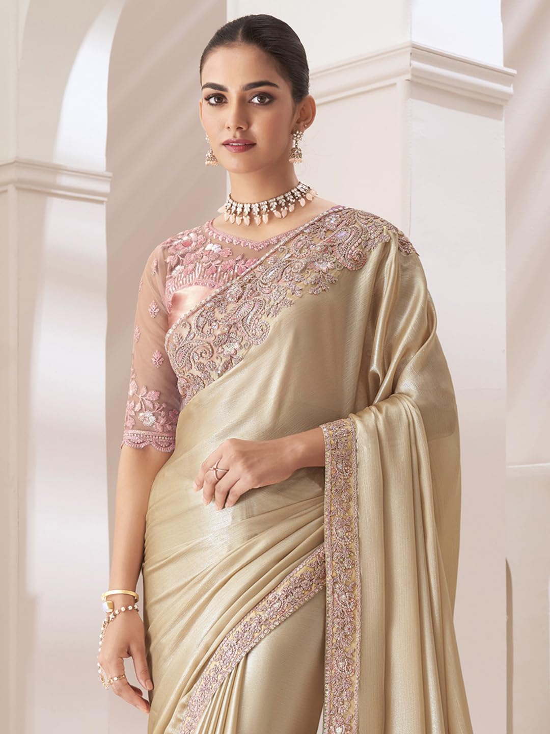 AKHILAM Women's Cream Pure Chiffon Embellished Saree With Unstitched Blouse (SNDLWOD1303_TFH) - Image 5