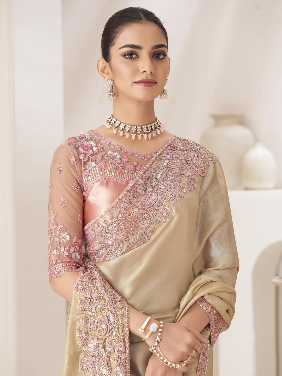 AKHILAM Women's Cream Pure Chiffon Embellished Saree With Unstitched Blouse (SNDLWOD1303_TFH) - Image 7