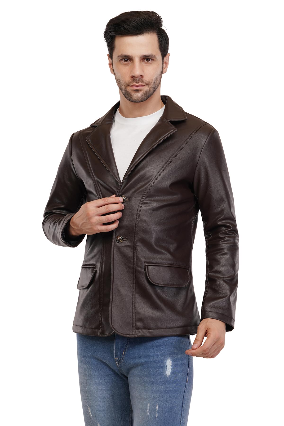 Men's Stylish Foux Leather Single Breasted Blazer, For Men Button-Front (IN, Alpha, M, Regular, CHOCLATE BROWN) - Image 2