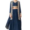 madhuram textiles Womens' Skirt and Choli with Long Jacket Set Star Georgette with Embroidery Bids Work Skirt Set(M-2523 Mor Pichh_Large) Dark Blue