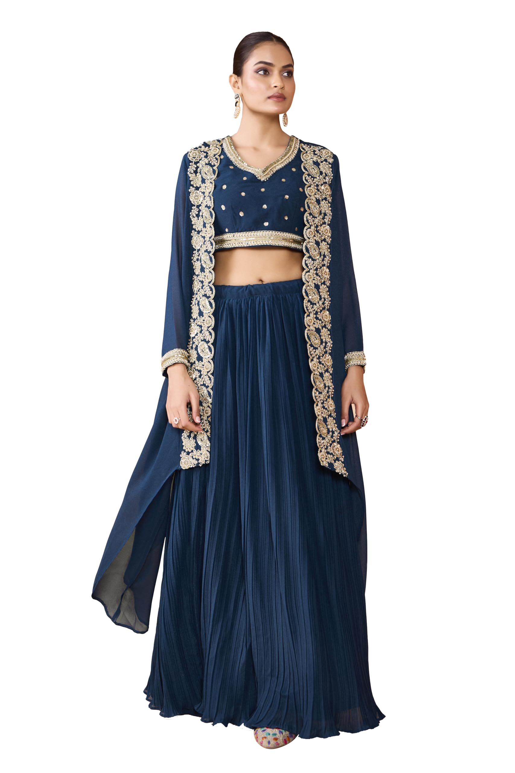 madhuram textiles Womens' Skirt and Choli with Long Jacket Set Star Georgette with Embroidery Bids Work Skirt Set(M-2523 Mor Pichh_Large) Dark Blue