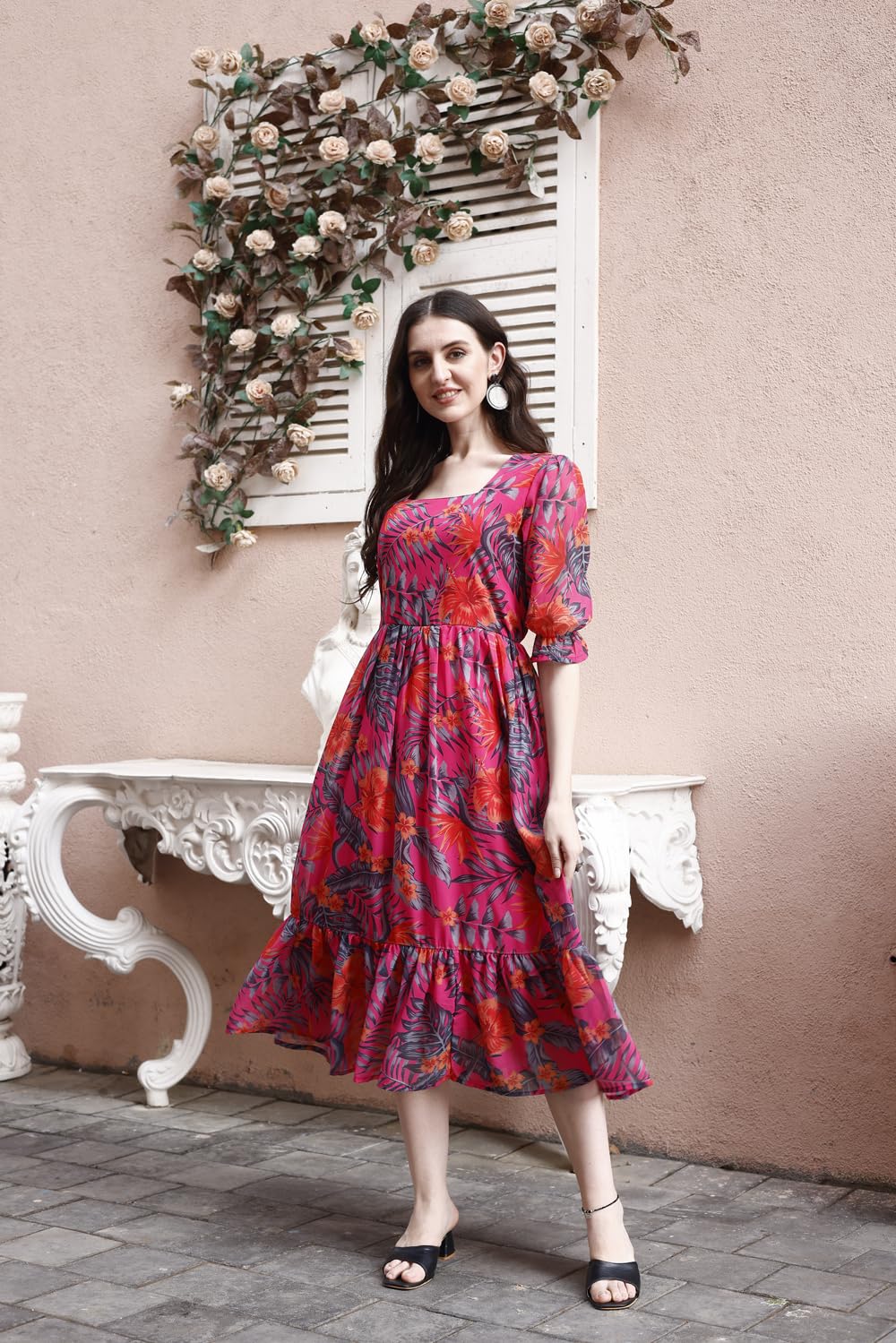 SMOWKLY Women's Georgette Floral Printed Indo-Western Ethnic Gown || Half Sleeve V Neck Fit & Flare Flared Hem Design || Casual Wear A-Line Maxi Dress Pink - Image 3