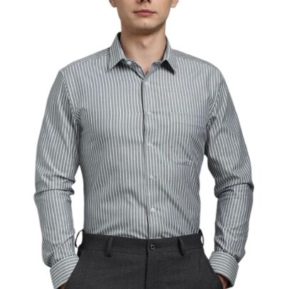Louis Philippe Men Cotton Striped Slim Fit Shirt (LPSFMSLPR30093_Grey, 42