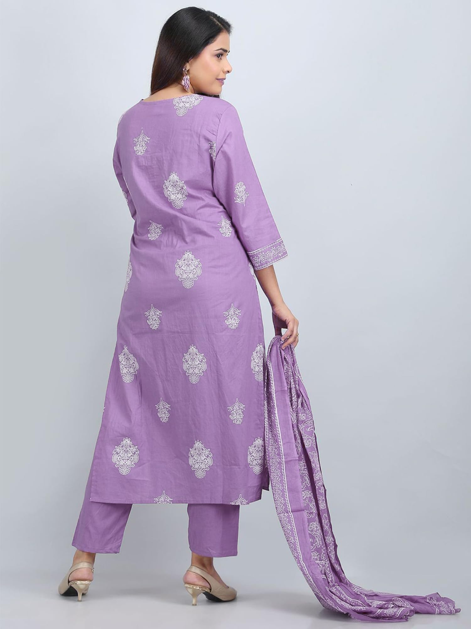 PARTHV Women's Pure Cotton Printed with Handwork Kurta with Pants and Dupatta Set, Wedding Ethnic Suit Set, P-1079, Purple, XXL - Image 6