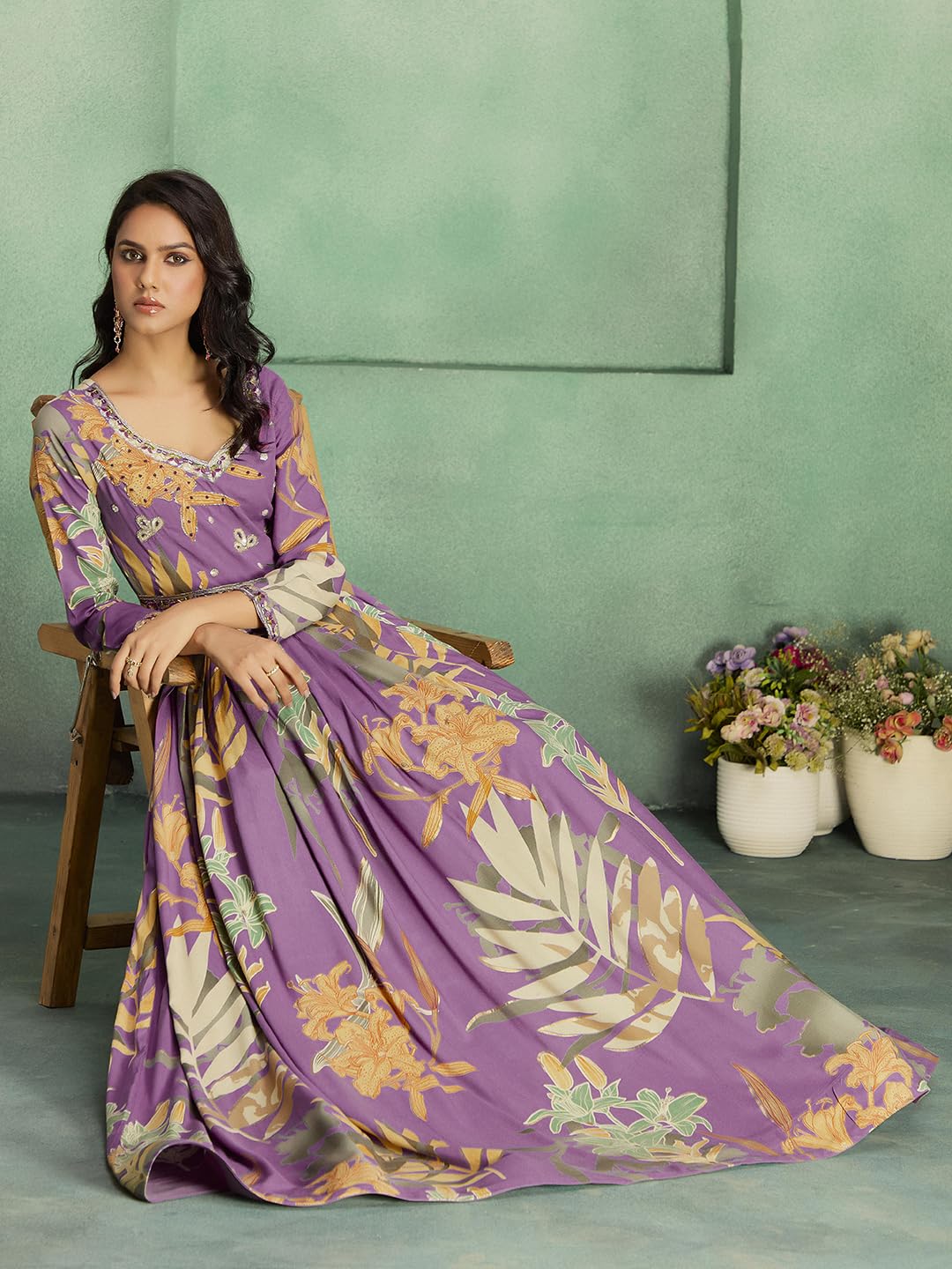 madhuram textiles Women's Rayon Print with Hand Embroidery Work Anarkali Long Gown(M-2543 Pink_Medium) - Image 3