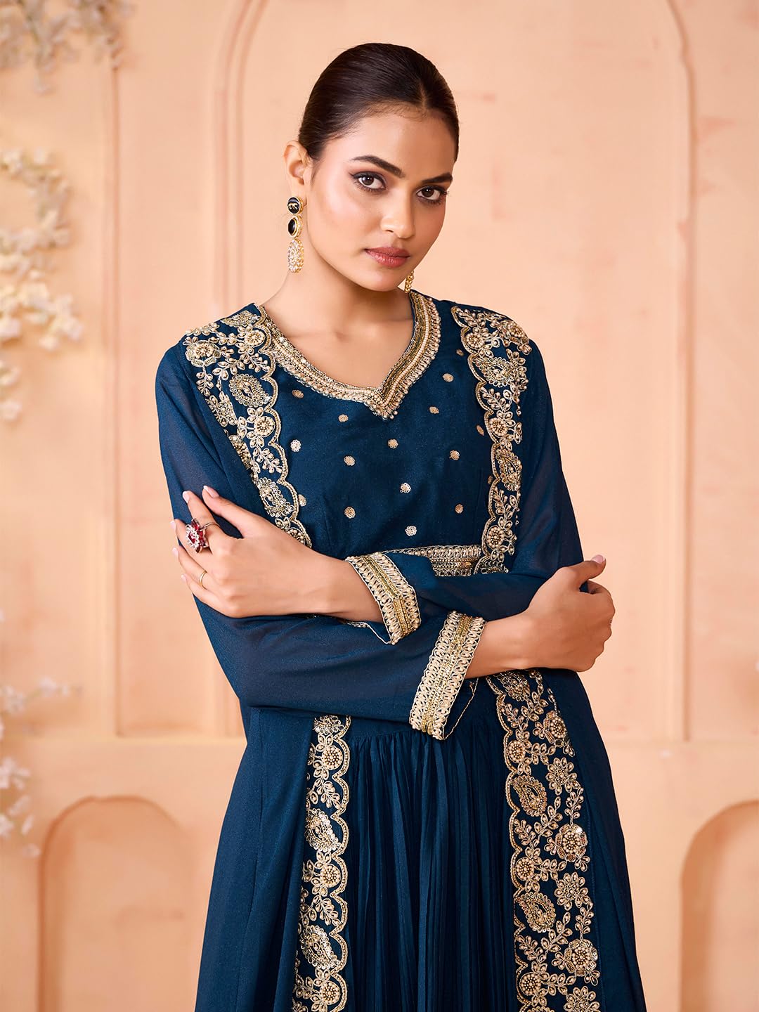madhuram textiles Womens' Skirt and Choli with Long Jacket Set Star Georgette with Embroidery Bids Work Skirt Set(M-2523 Mor Pichh_Large) Dark Blue - Image 7
