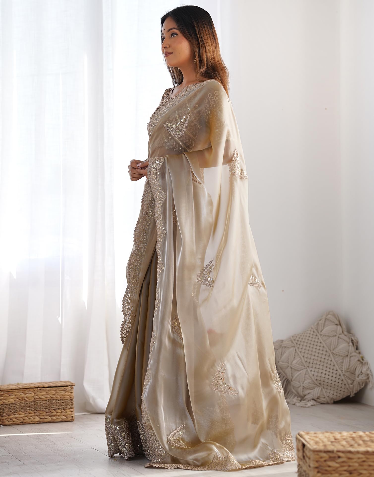 SIRIL Women's Organza Sequence Embroidery Scollped Border Saree With Unstitched Blouse Piece (4218S6634_Beige) - Image 8